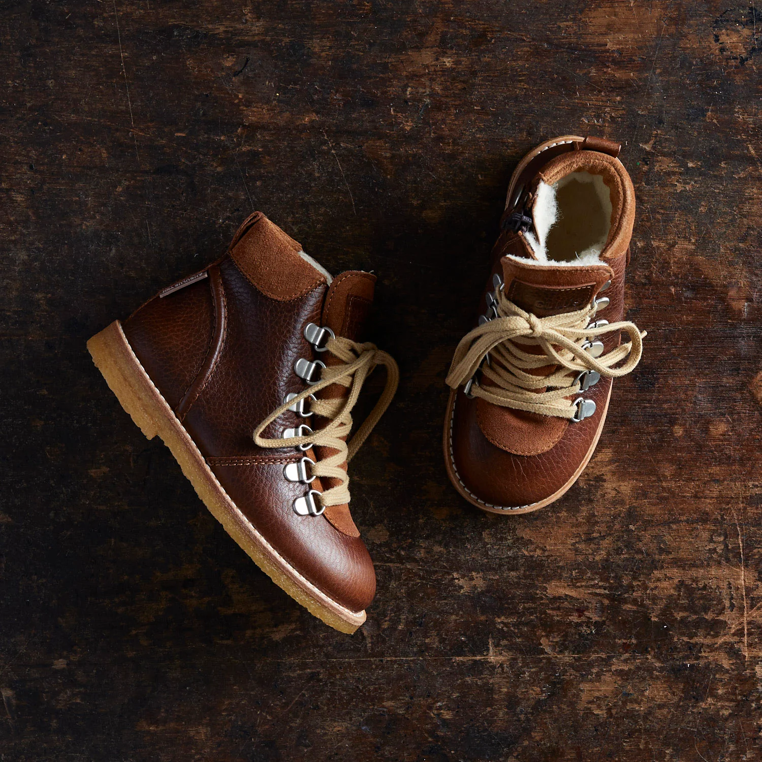 Kids Wool Lined Waterproof Lace Up Boots w/ Zip - Cognac - Image 3