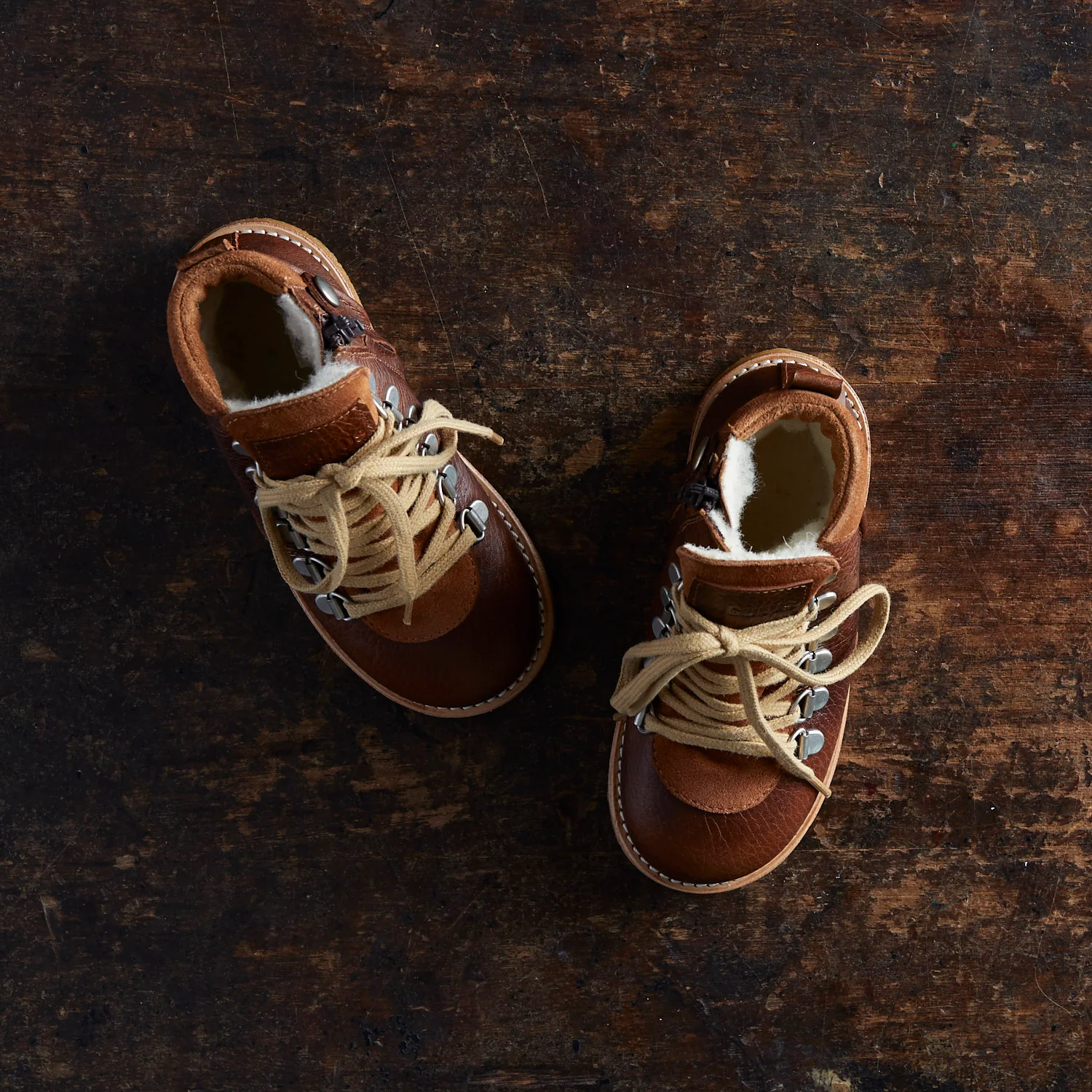 Kids Wool Lined Waterproof Lace Up Boots w/ Zip - Cognac - Image 4