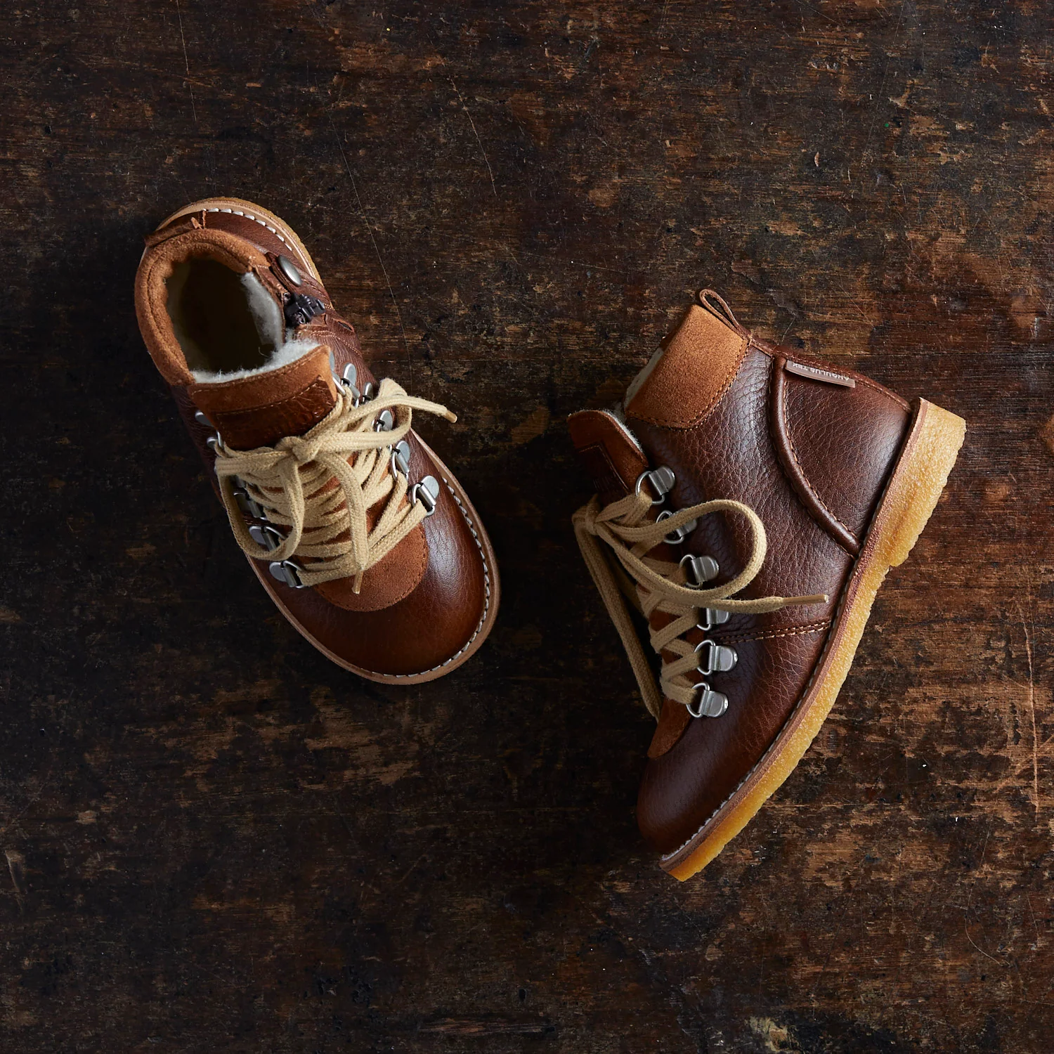 Kids Wool Lined Waterproof Lace Up Boots w/ Zip - Cognac - Image 5