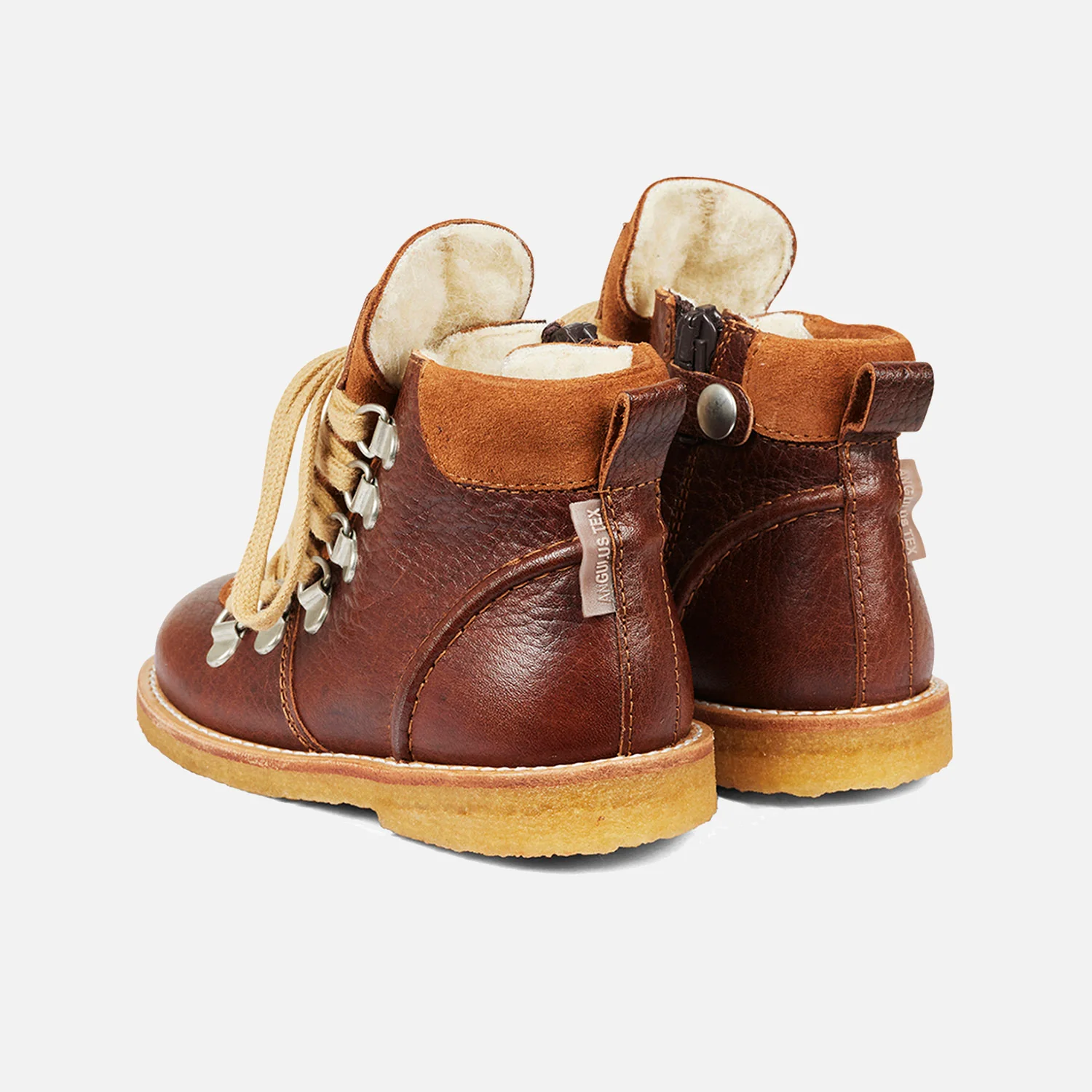 Kids Wool Lined Waterproof Lace Up Boots w/ Zip - Cognac - Image 8