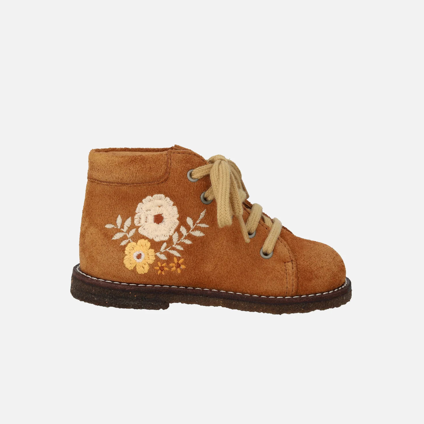 Toddler Suede Lace Up Boots With Flower Embroidery - Cognac - Image 3
