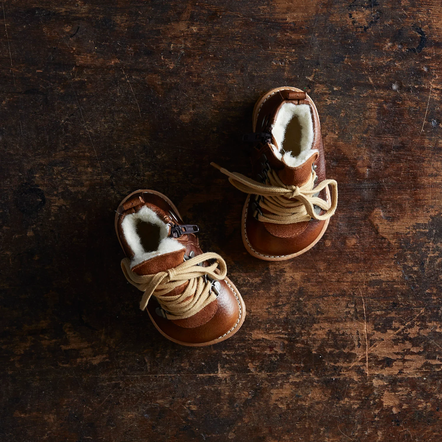 Toddler Wool Lined Waterproof Lace Up Leather Boots w/ Zip - Cognac - Image 2