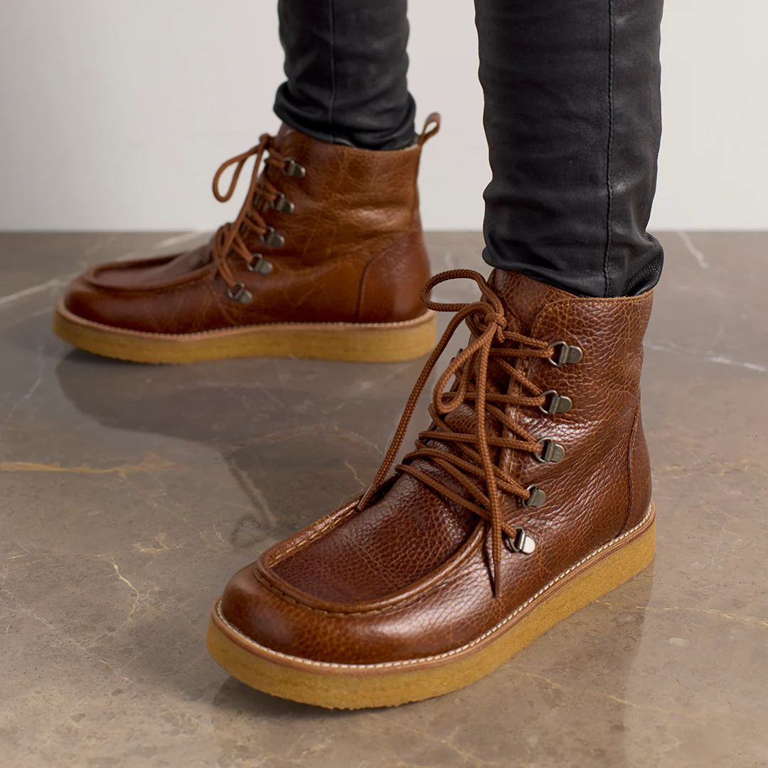 Women's Wool Lined Boots With Laces- Cognac - Image 4
