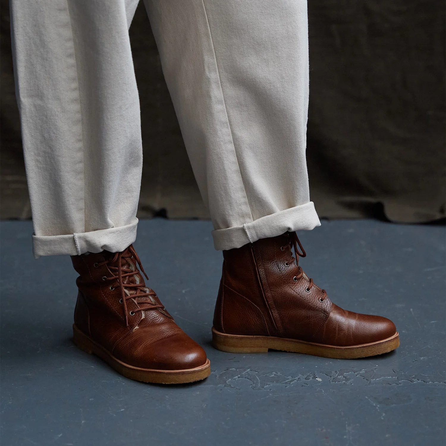 Women's Wool Lined Lace-up Boots w/Zipper - Cognac