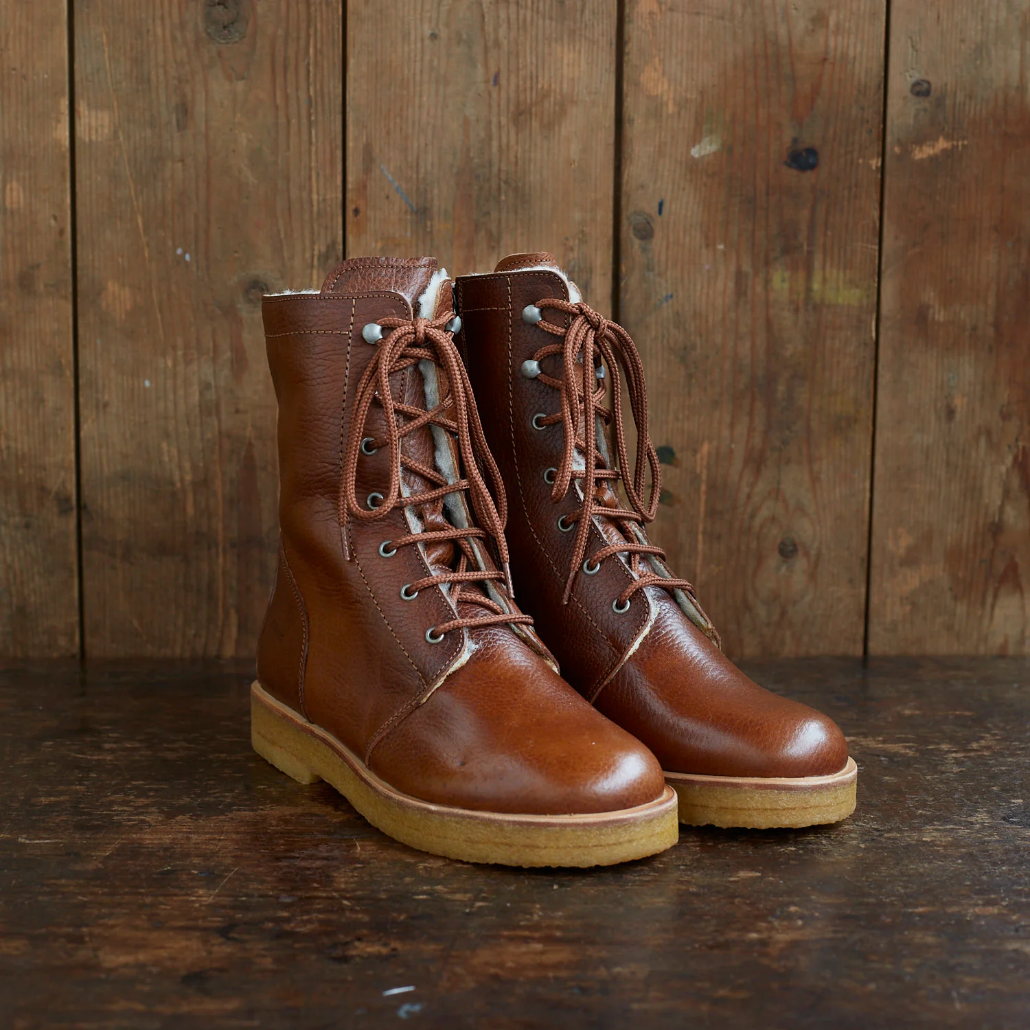 Women's Wool Lined Lace-up Boots w/Zipper - Cognac - Image 2