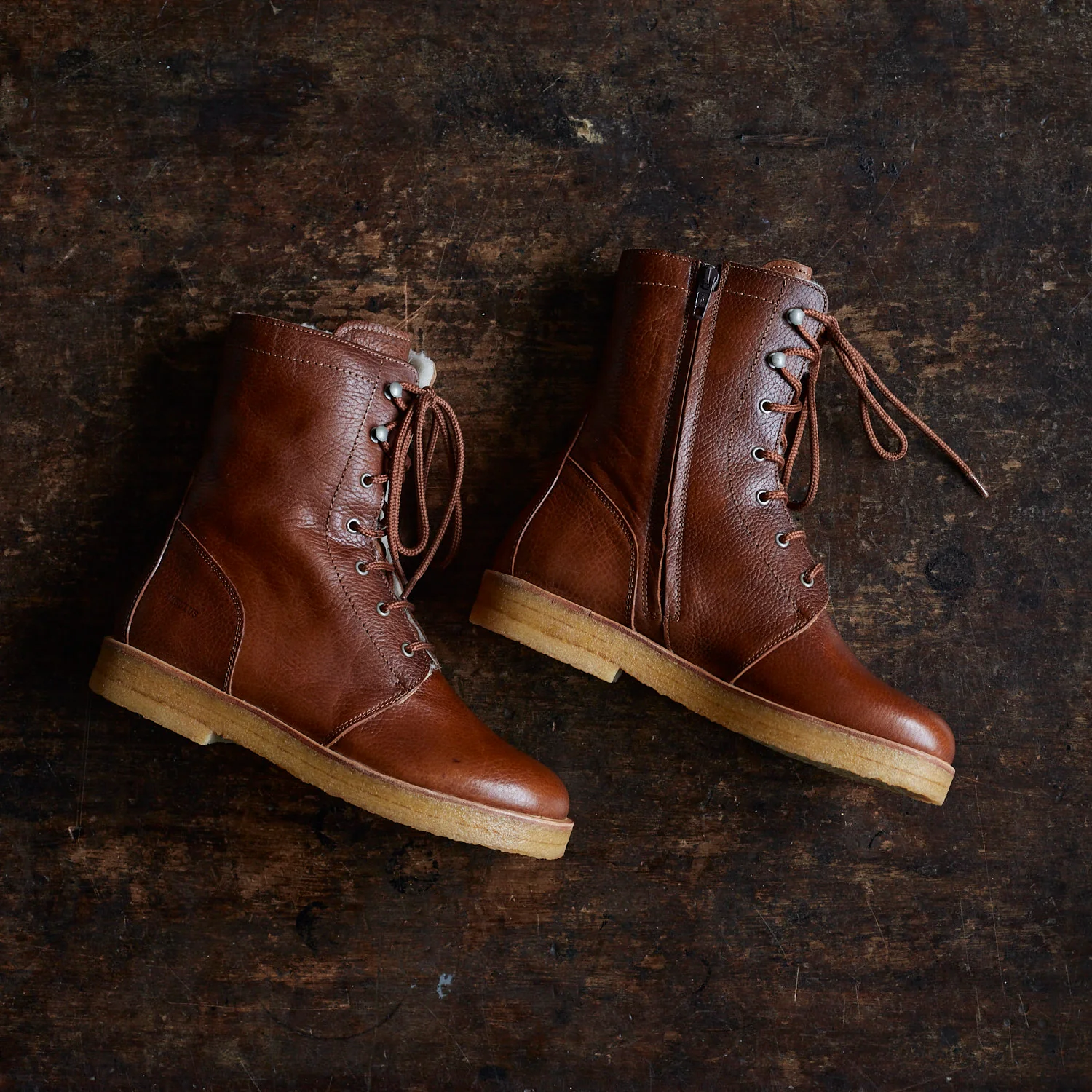 Women's Wool Lined Lace-up Boots w/Zipper - Cognac - Image 5