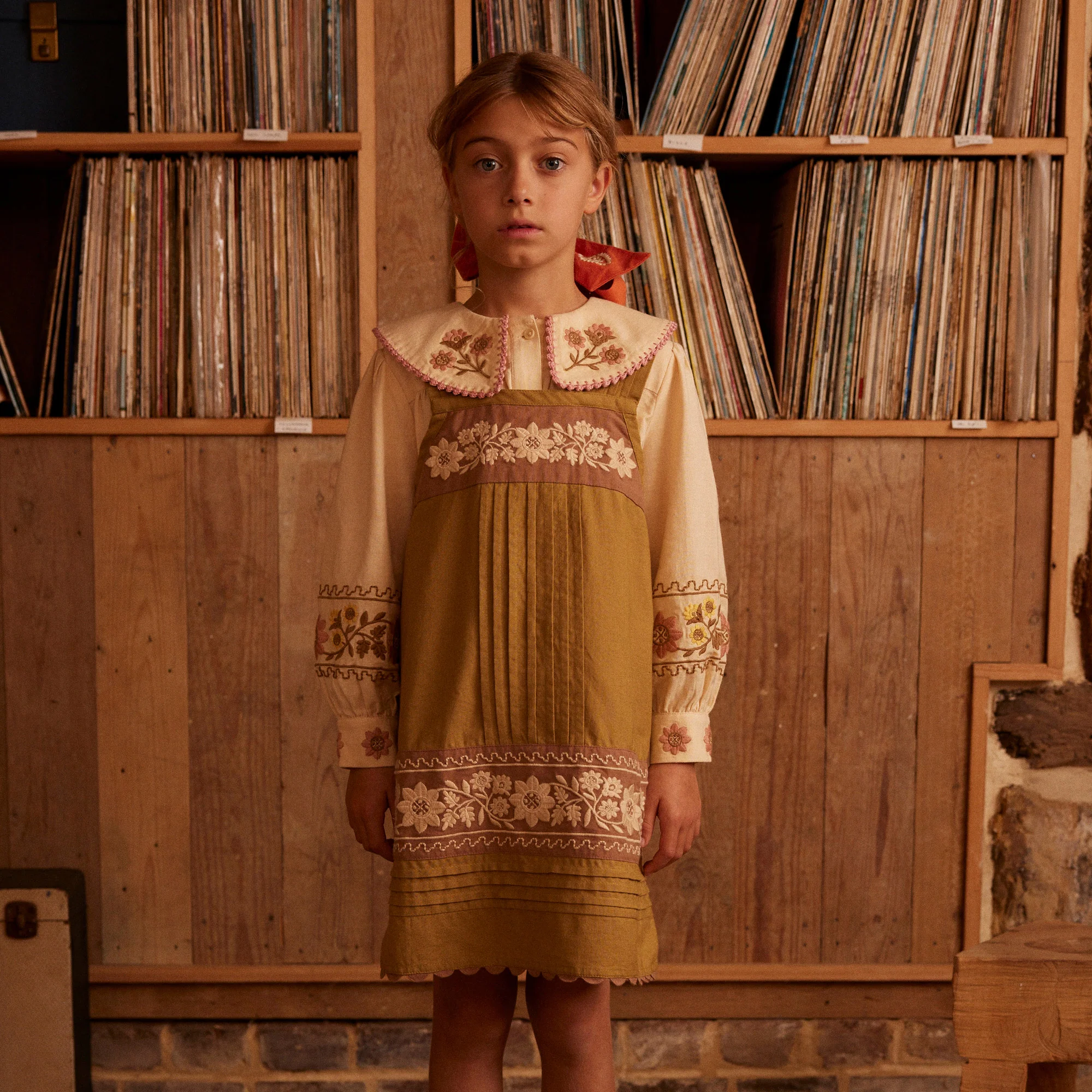 Kids Cotton Vittoria Apron Shift Dress - Dried Moss