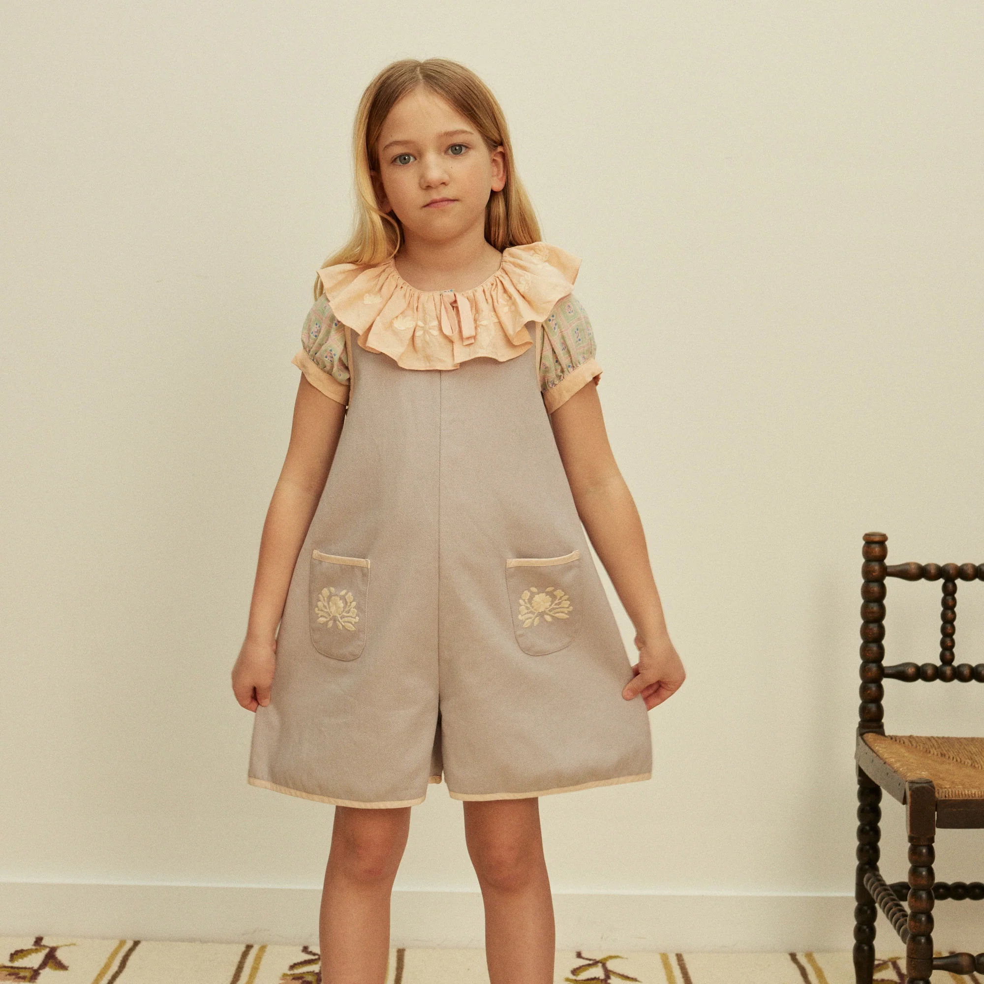 Kids Cotton Denim Vada Apron Playsuit - Lilac Grey - Image 4