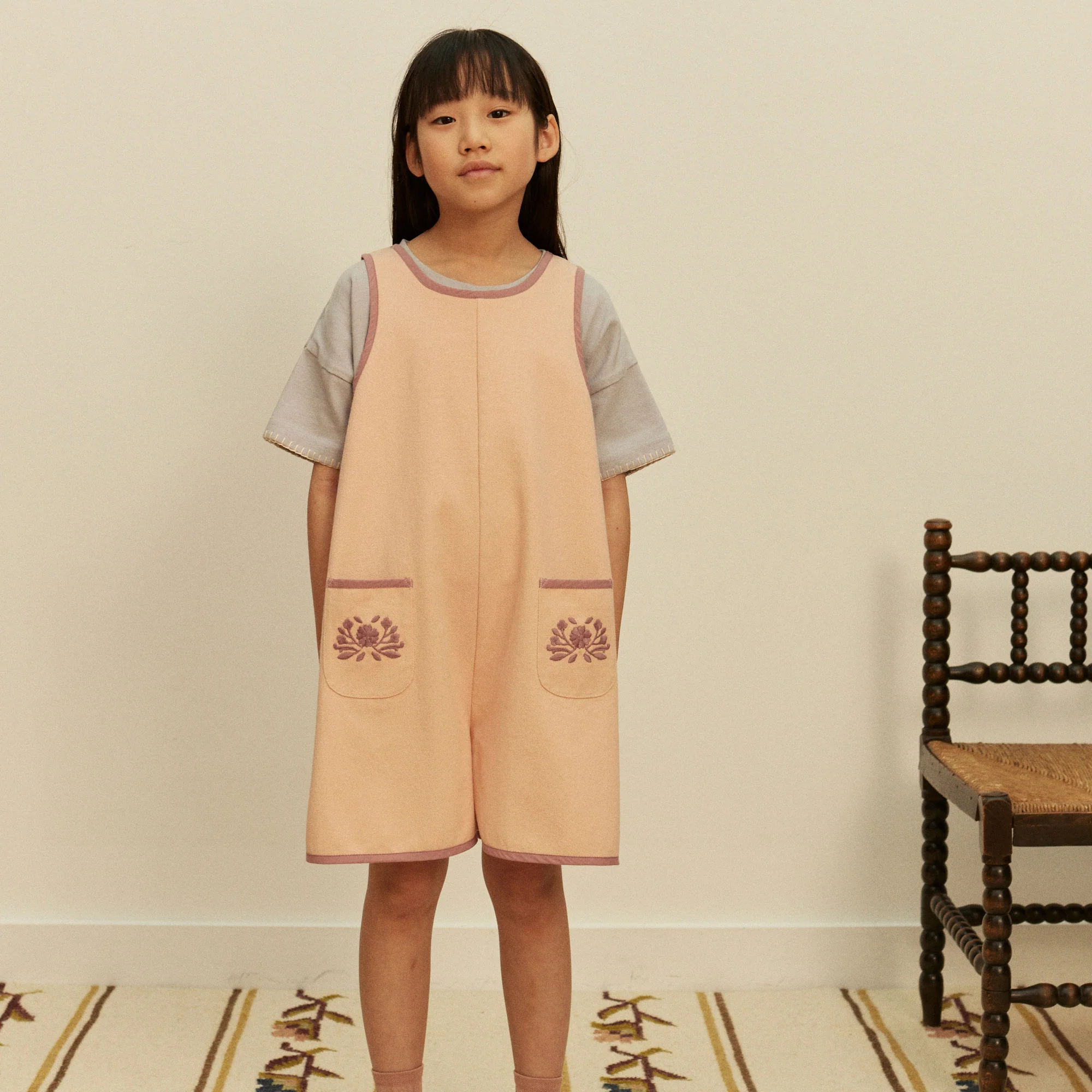 Kids Cotton Denim Vada Apron Playsuit - Satin Pink - Image 4