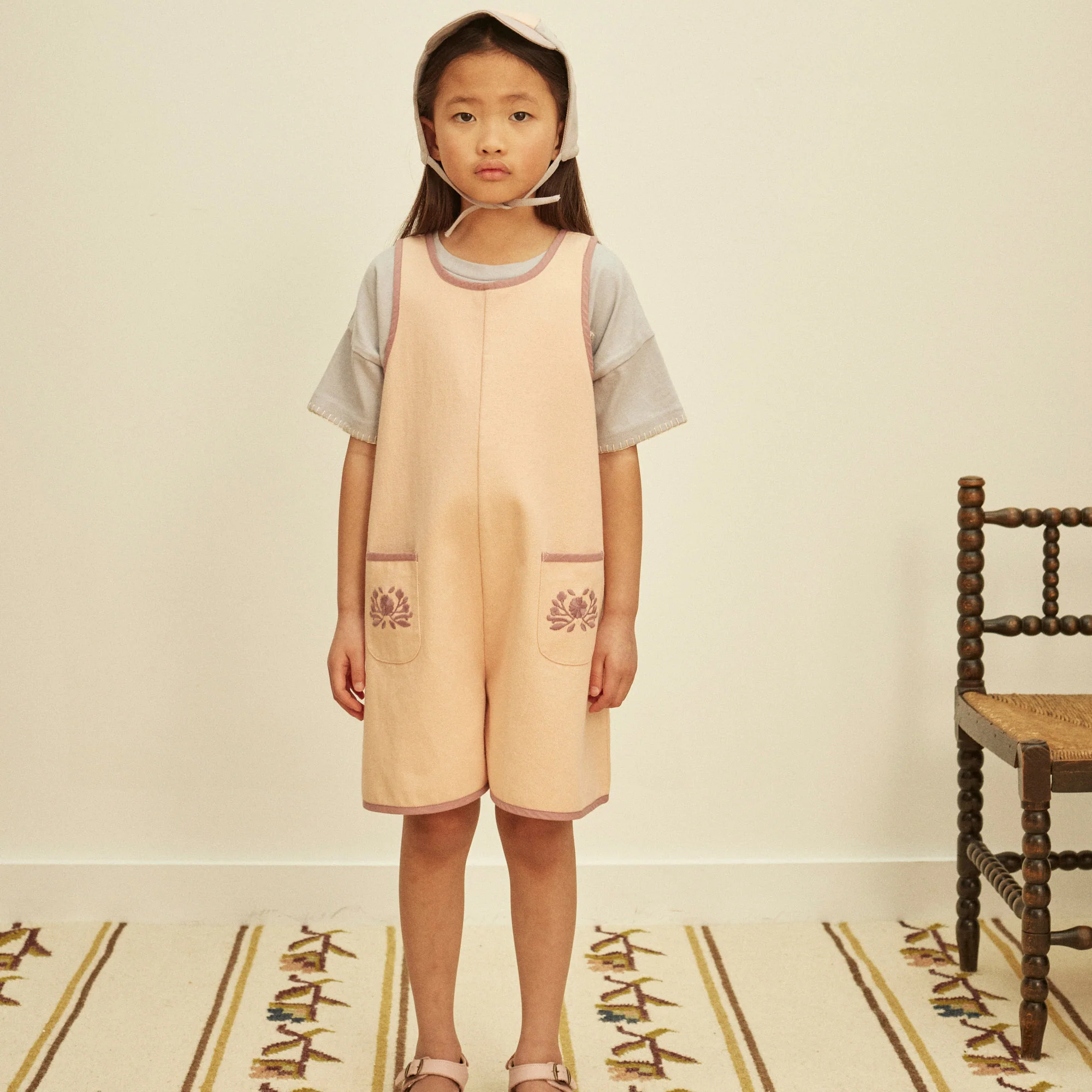 Kids Cotton Denim Vada Apron Playsuit - Satin Pink - Image 5