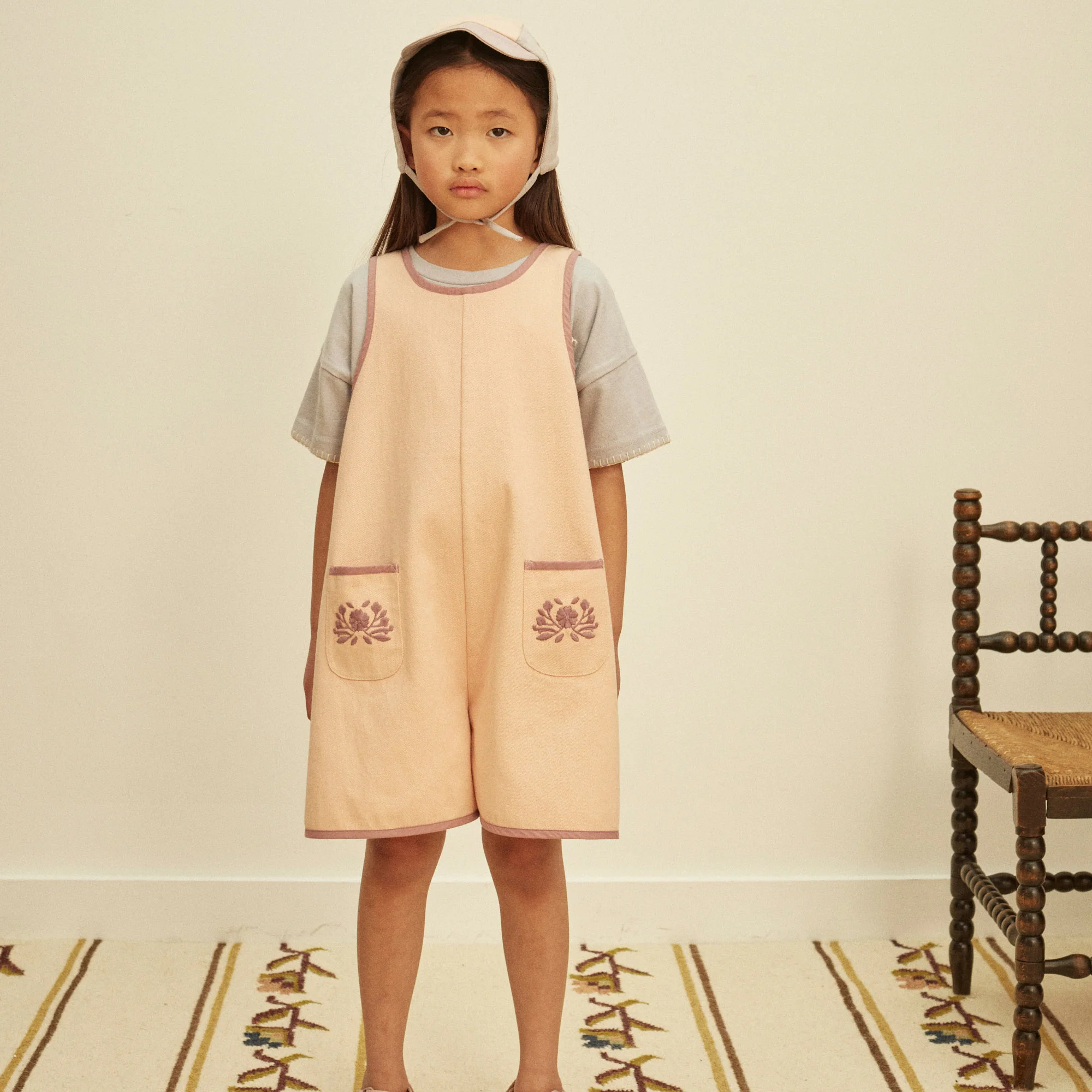 Kids Cotton Denim Vada Apron Playsuit - Satin Pink - Image 6