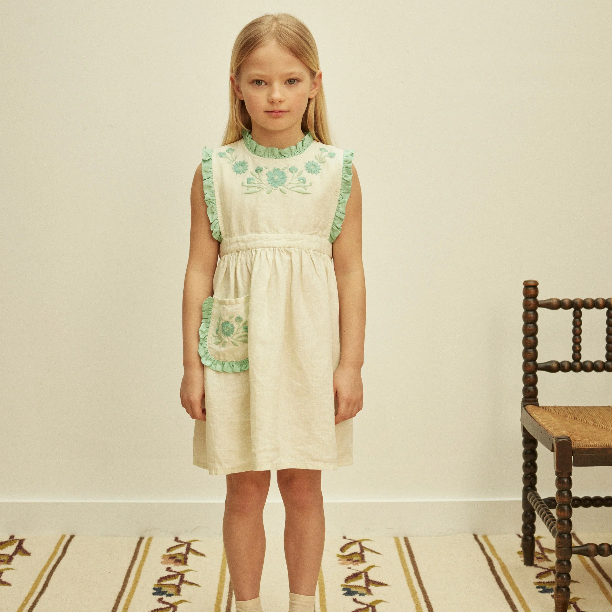 Kids Linen Ida Dress - Mint Cream/Seaglass - Image 3