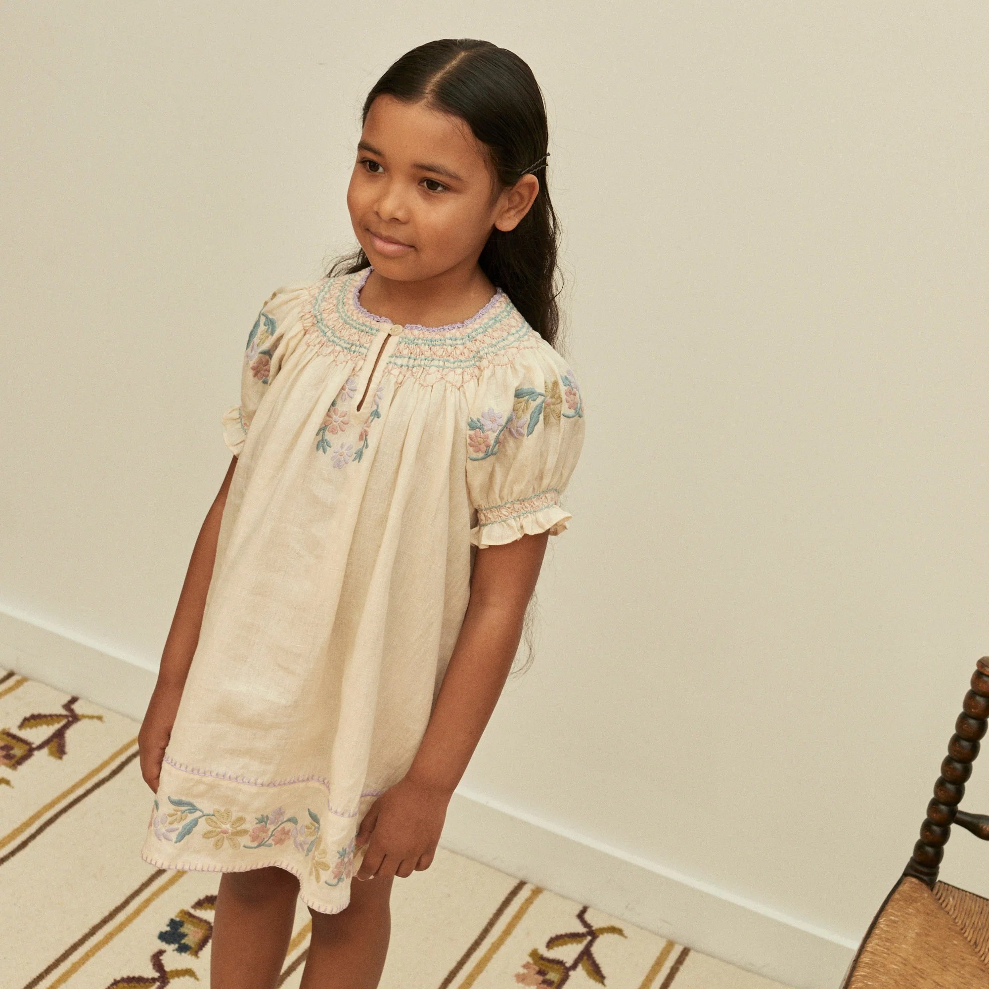 Kids Linen Verna Smock Dress - Cream - Image 2