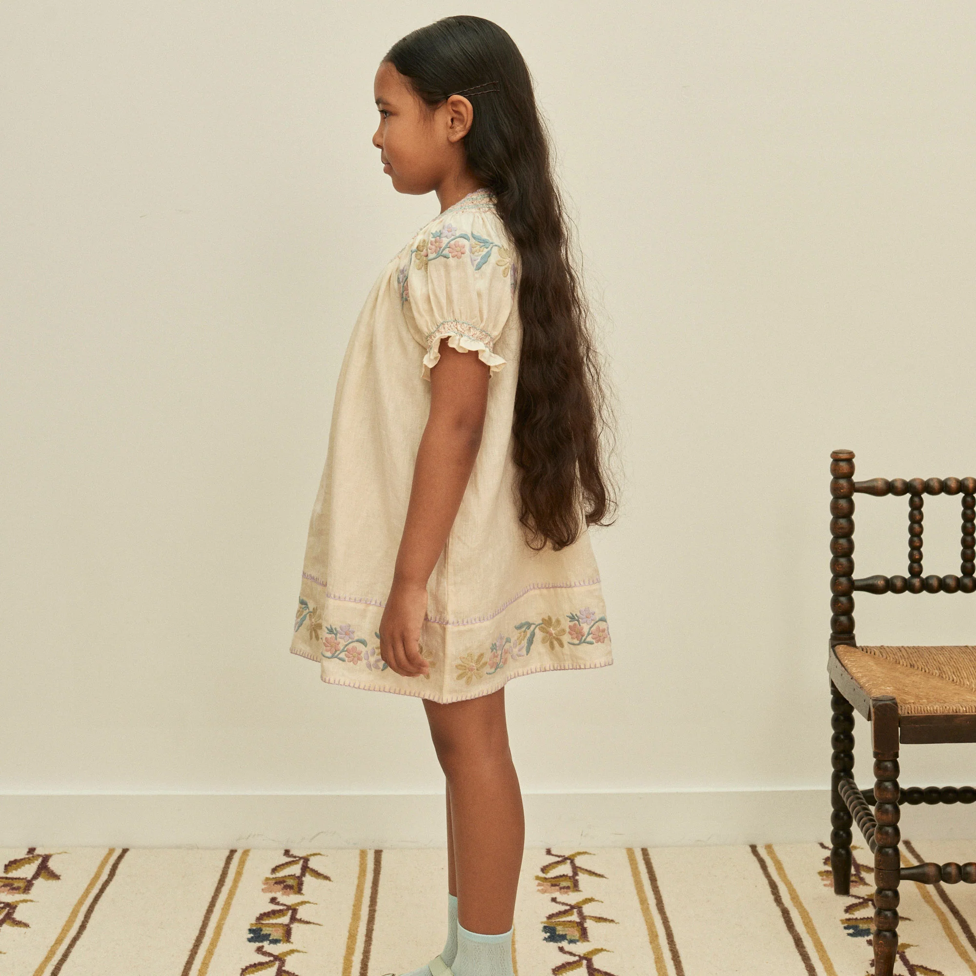 Kids Linen Verna Smock Dress - Cream - Image 5