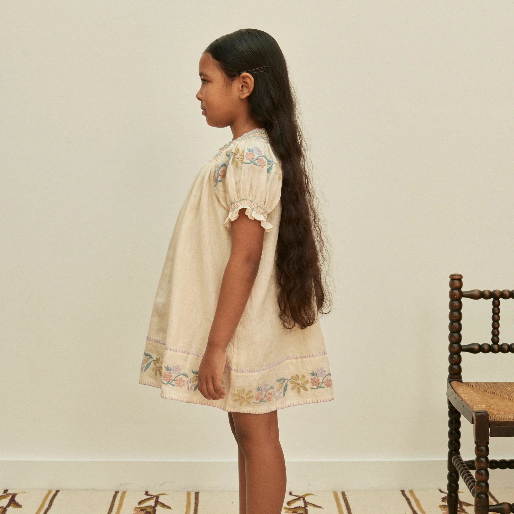 Kids Linen Verna Smock Dress - Cream - Image 6