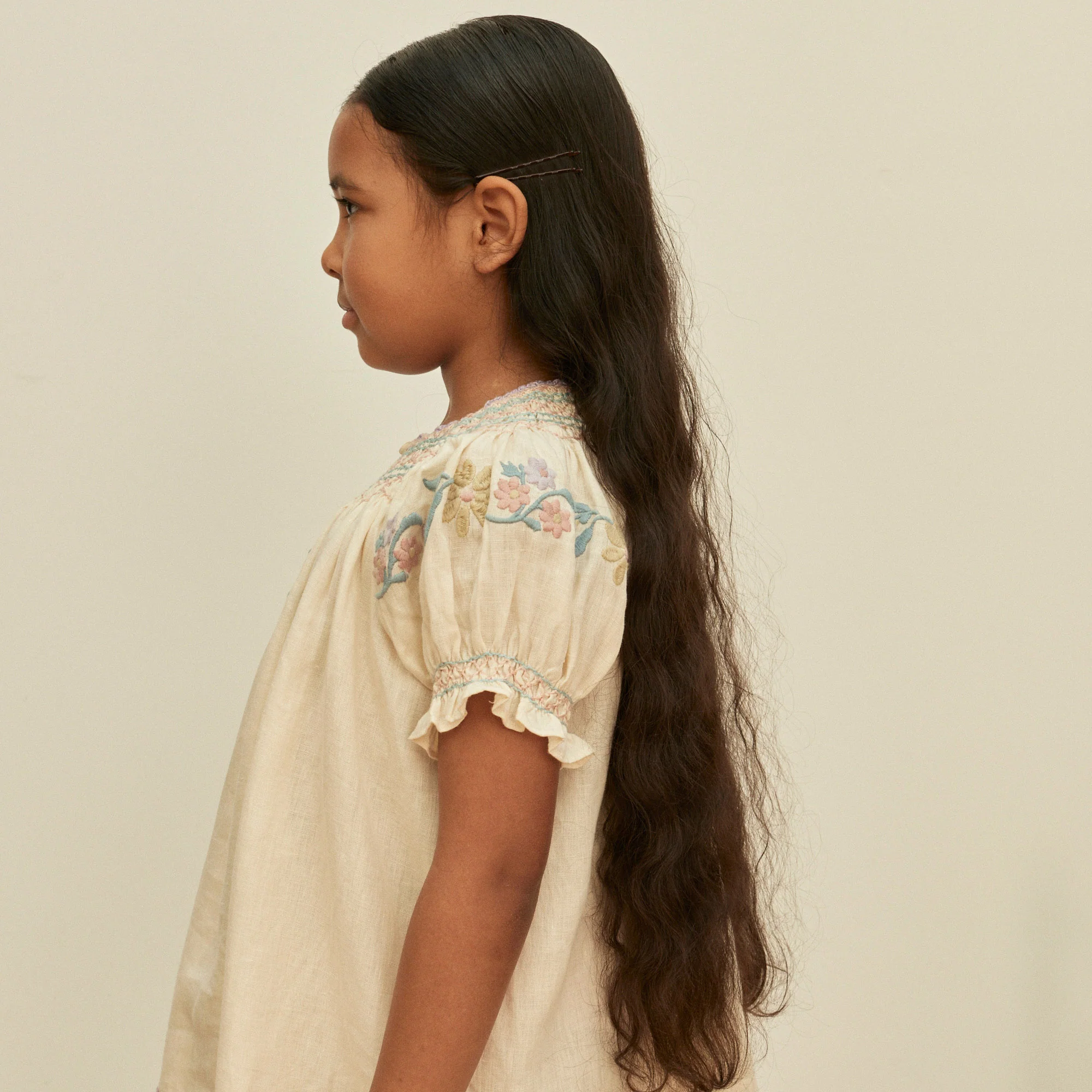 Kids Linen Verna Smock Dress - Cream - Image 7