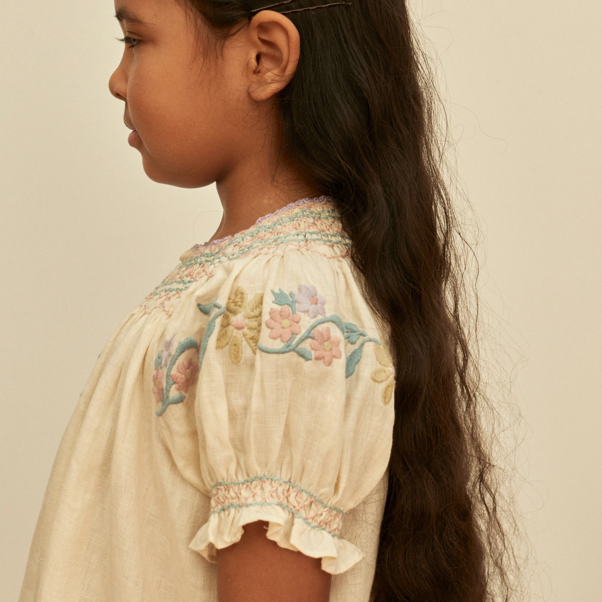 Kids Linen Verna Smock Dress - Cream - Image 8