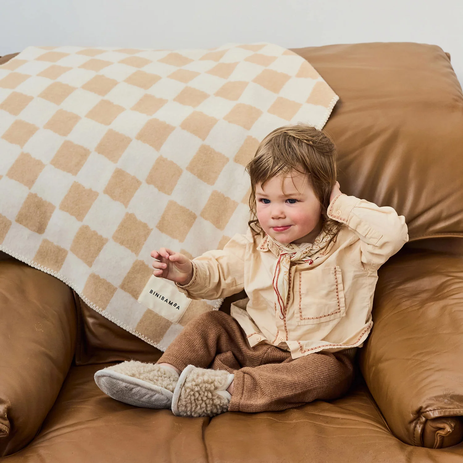 Merino Wool Chequerboard Blanket - Camel - Image 3