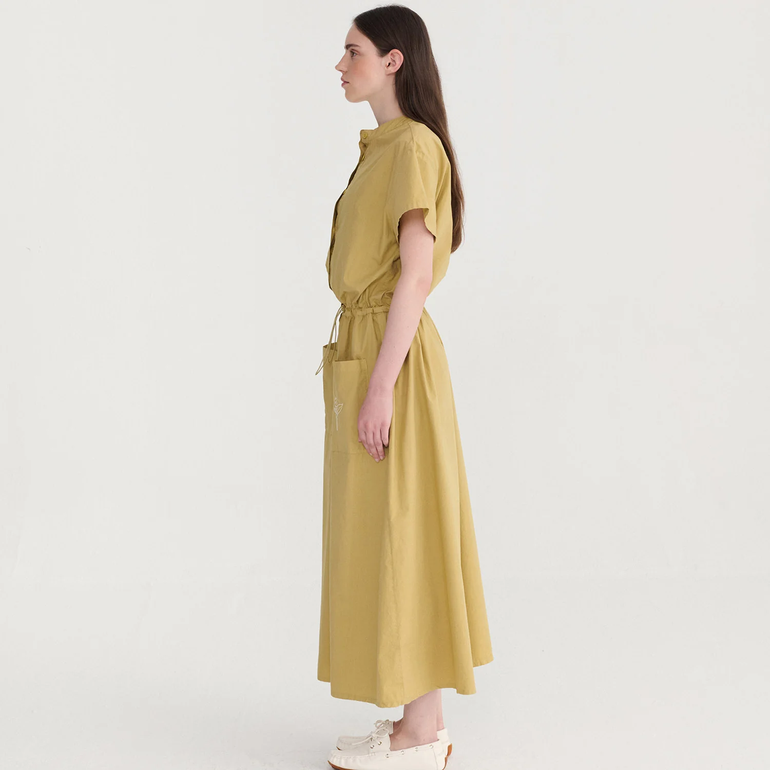 Women's Cotton Poplin Paper Touch Round Collar Shirt Dress - Warm Sand - Image 3