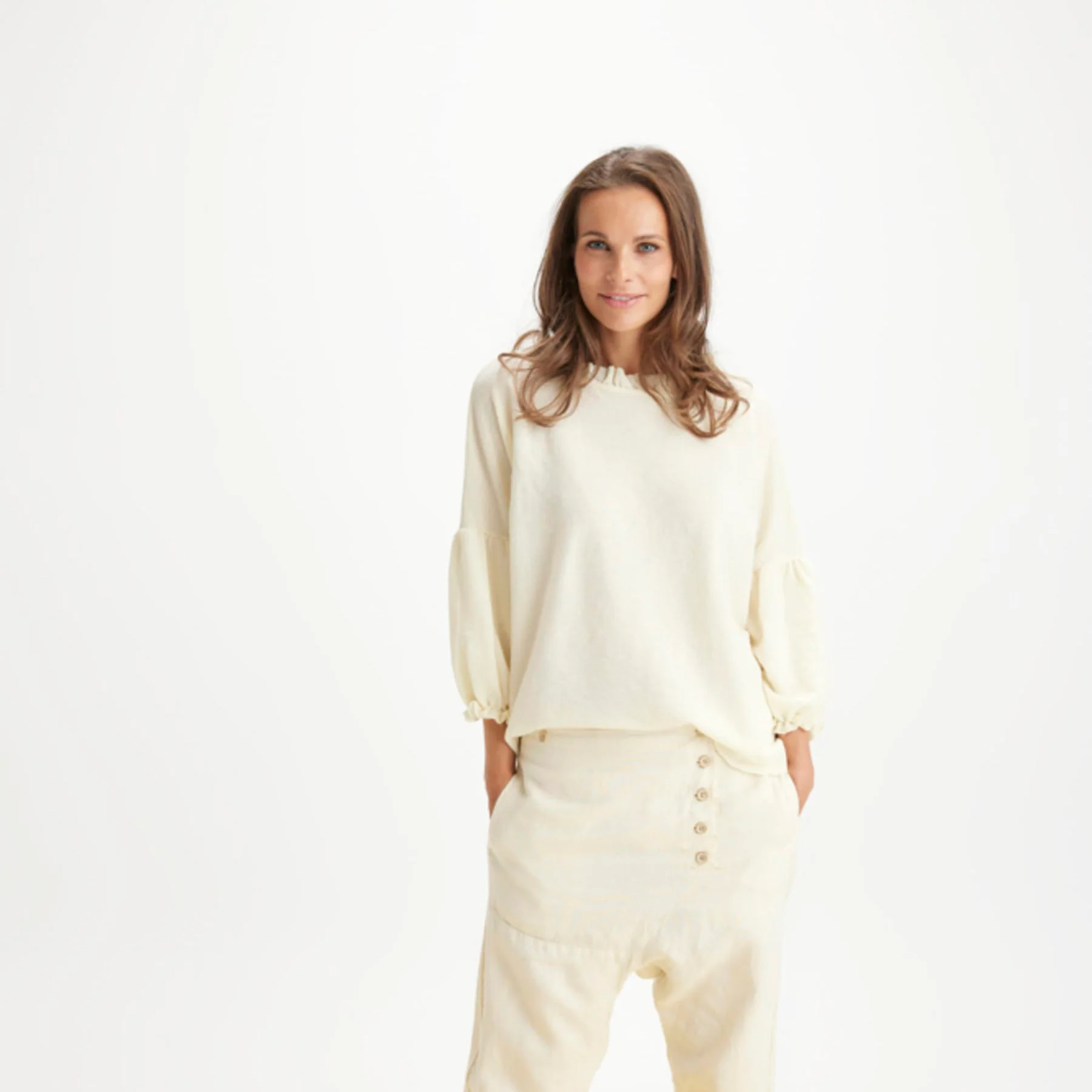 Women's Wool Crepe Ruffle Neck Top - Natural - Image 3