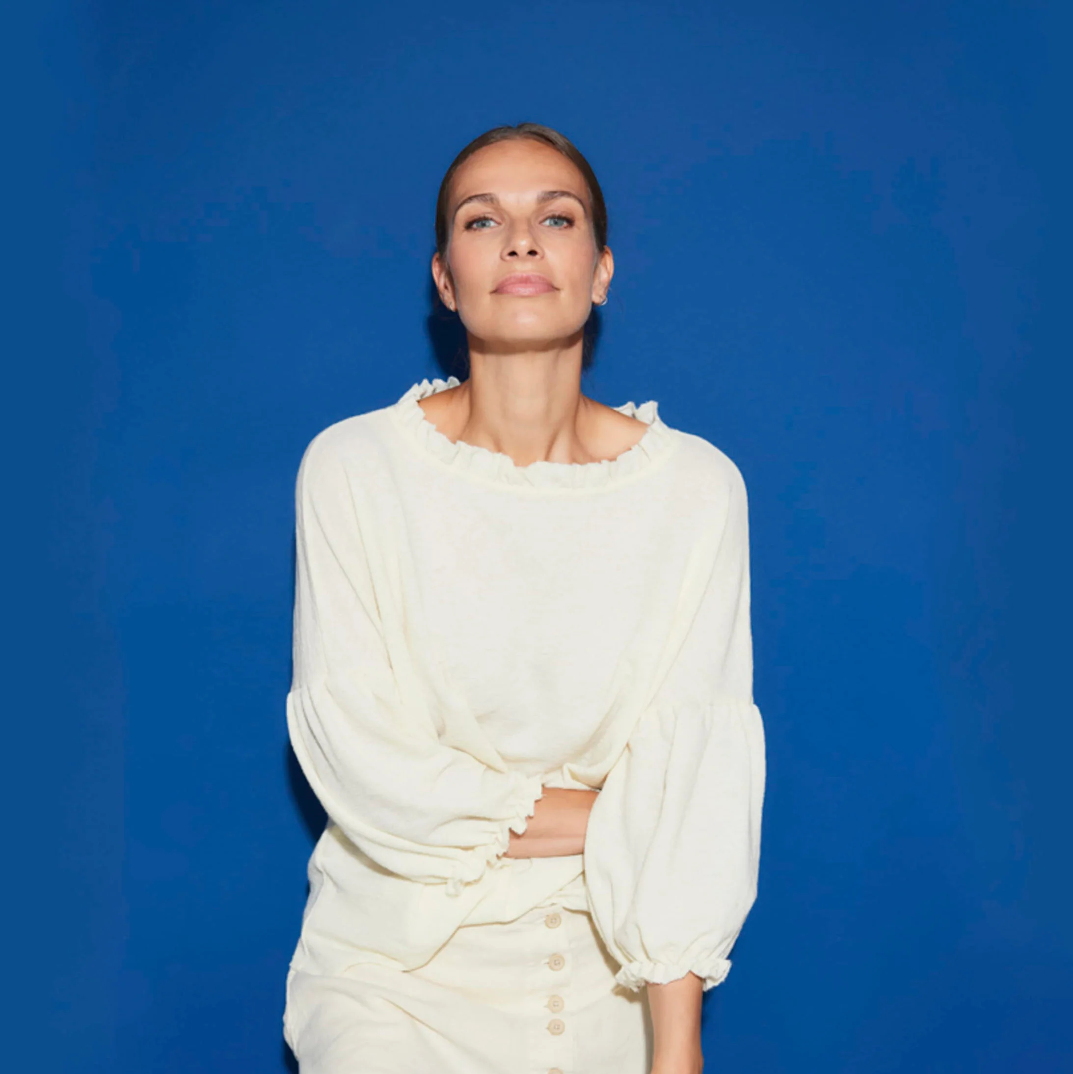 Women's Wool Crepe Ruffle Neck Top - Natural - Image 4
