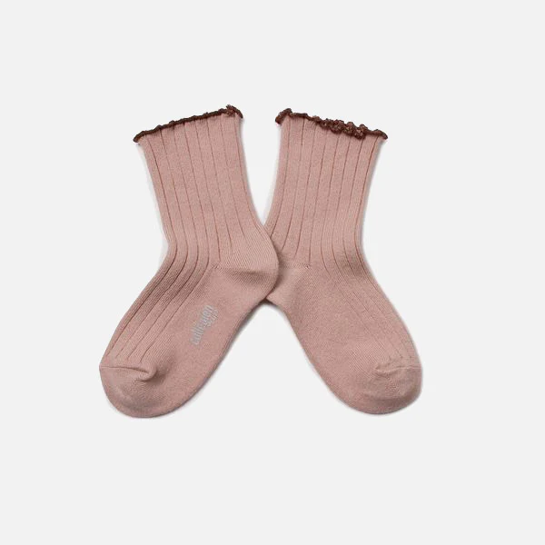 Baby & Kids Cotton Lettuce Trim Ankle Socks - Old Rose/Chestnut