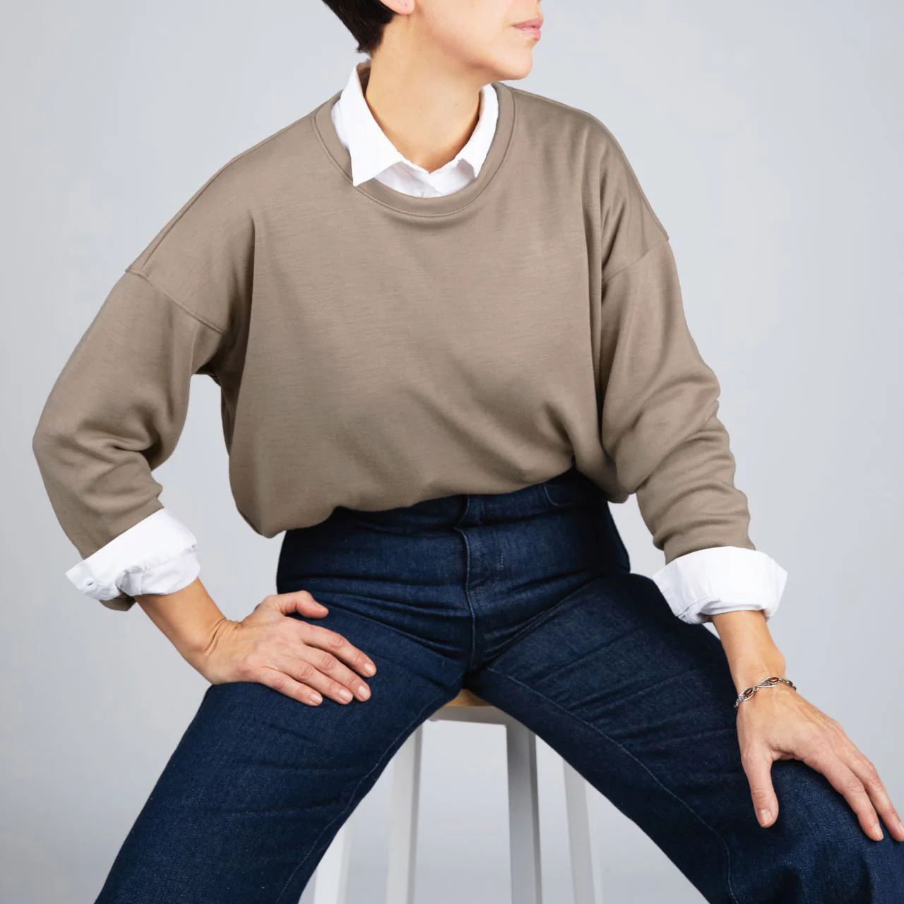 Adults Merino Wool & Silk Interlock Sweatshirt - Sand - Image 4