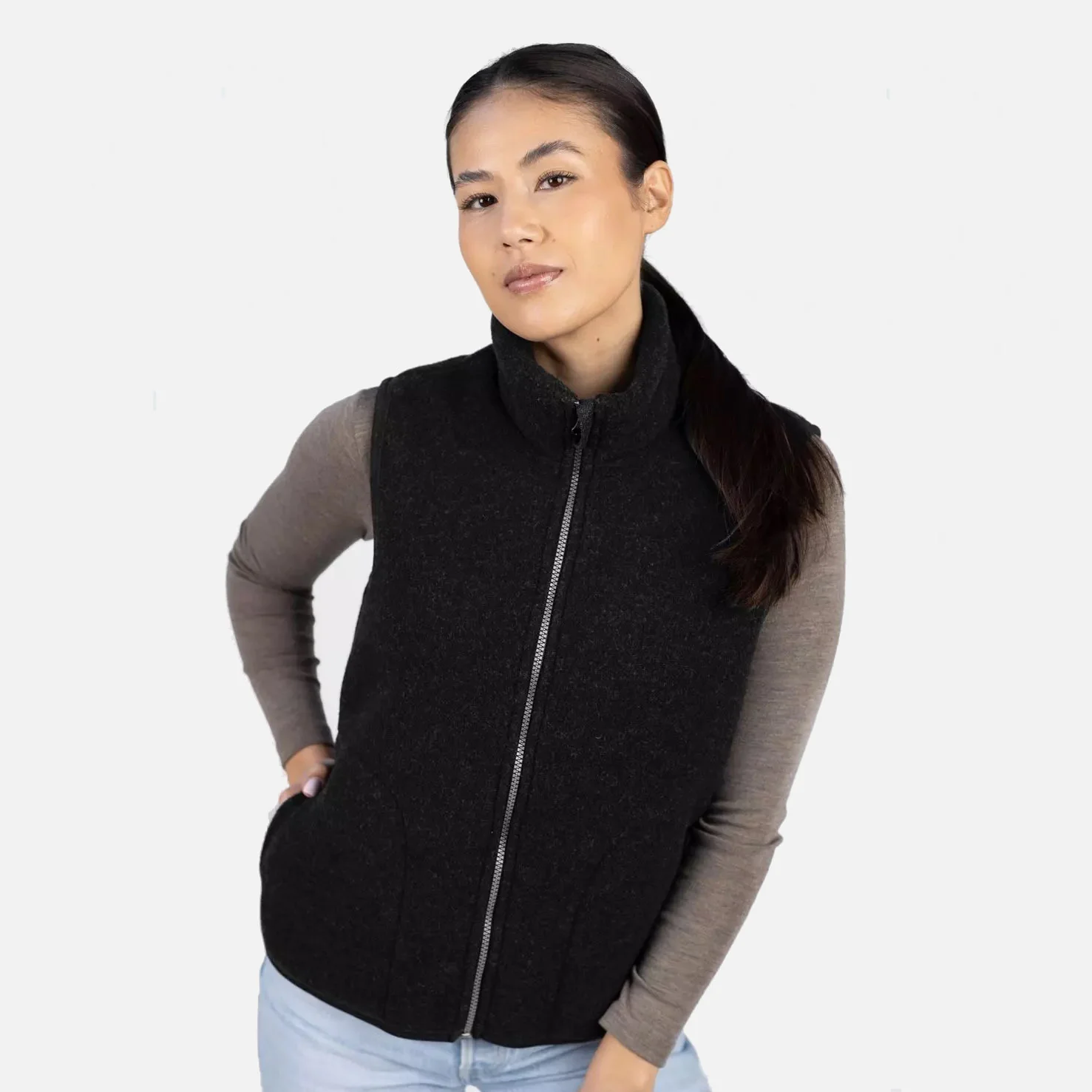 Women's Merino Wool Fleece Zip Vest - Black Melange - Image 3