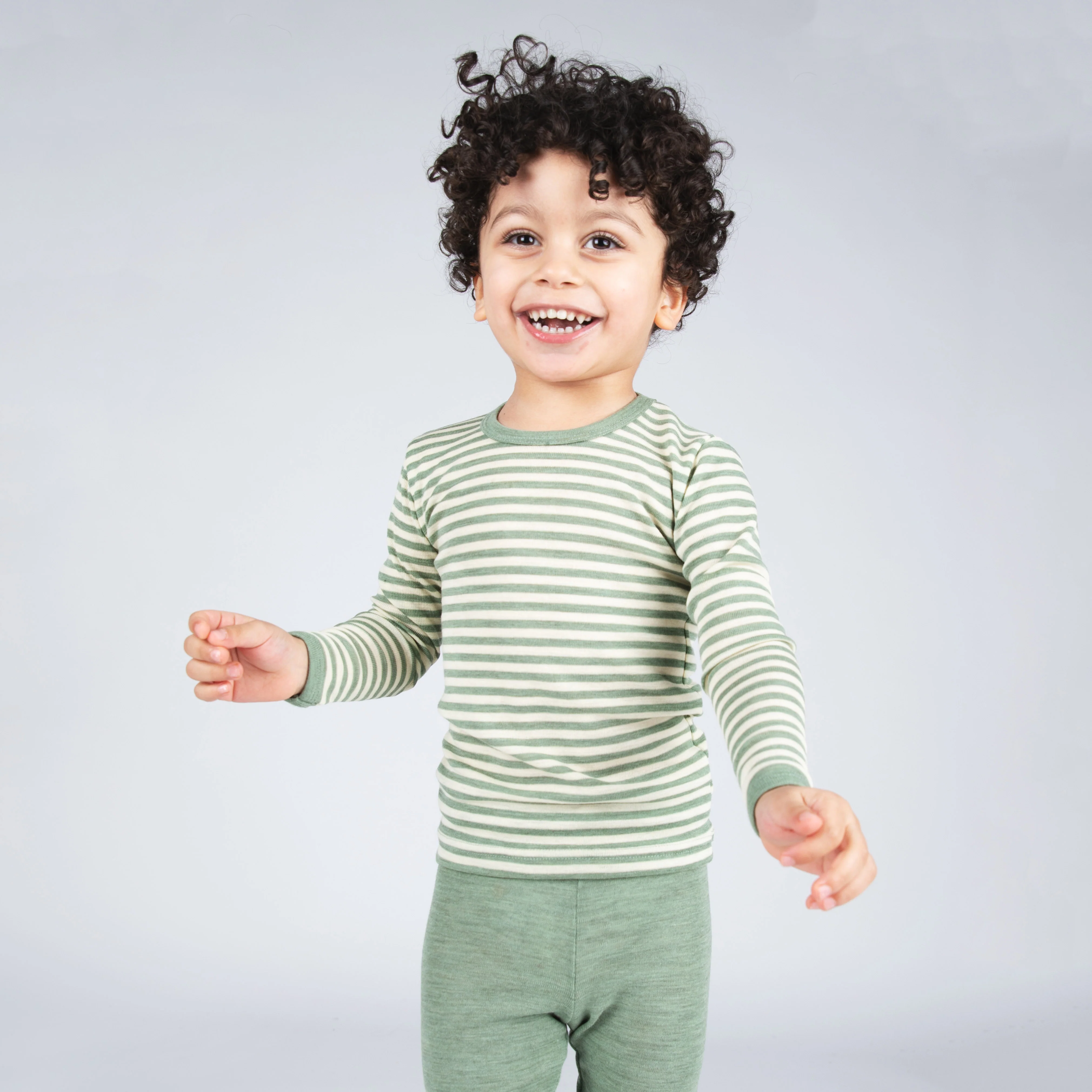 Baby & Kids Merino Wool LS Top - Sage Green Melange/Natural - Image 3