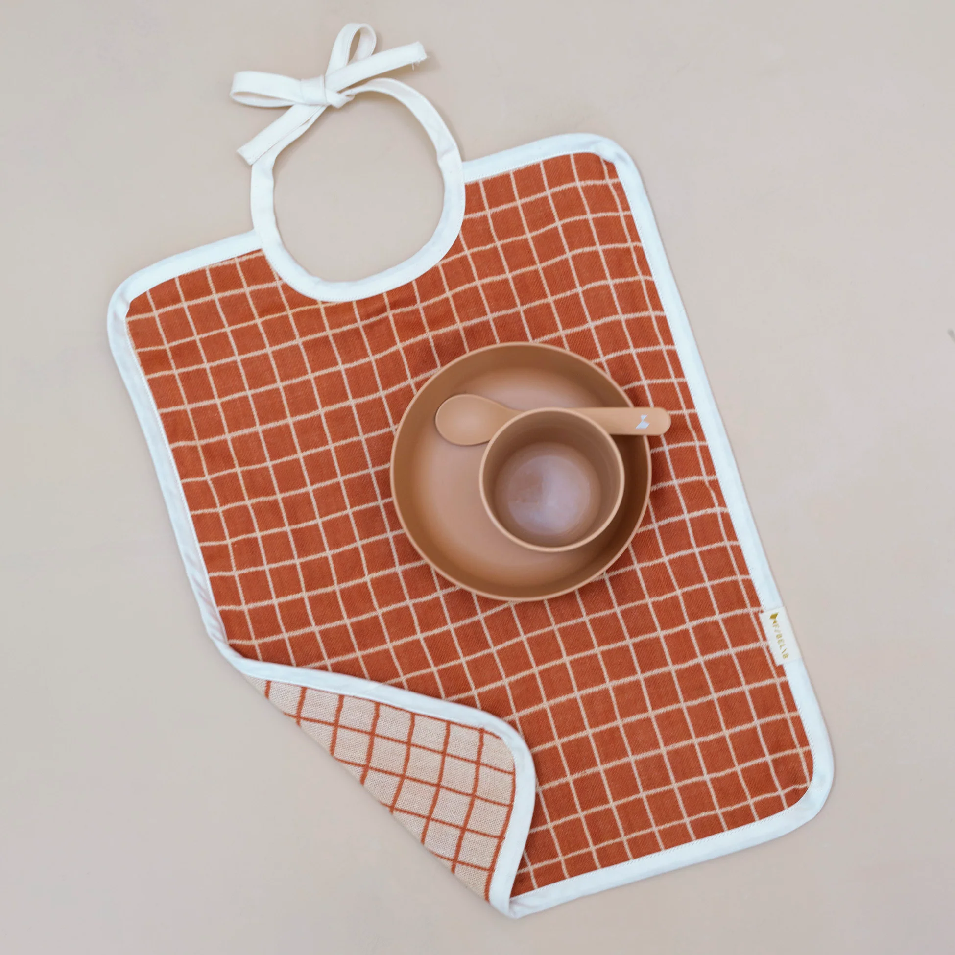 Cotton Feeding Bib - Grid/Cinnamon - Image 2