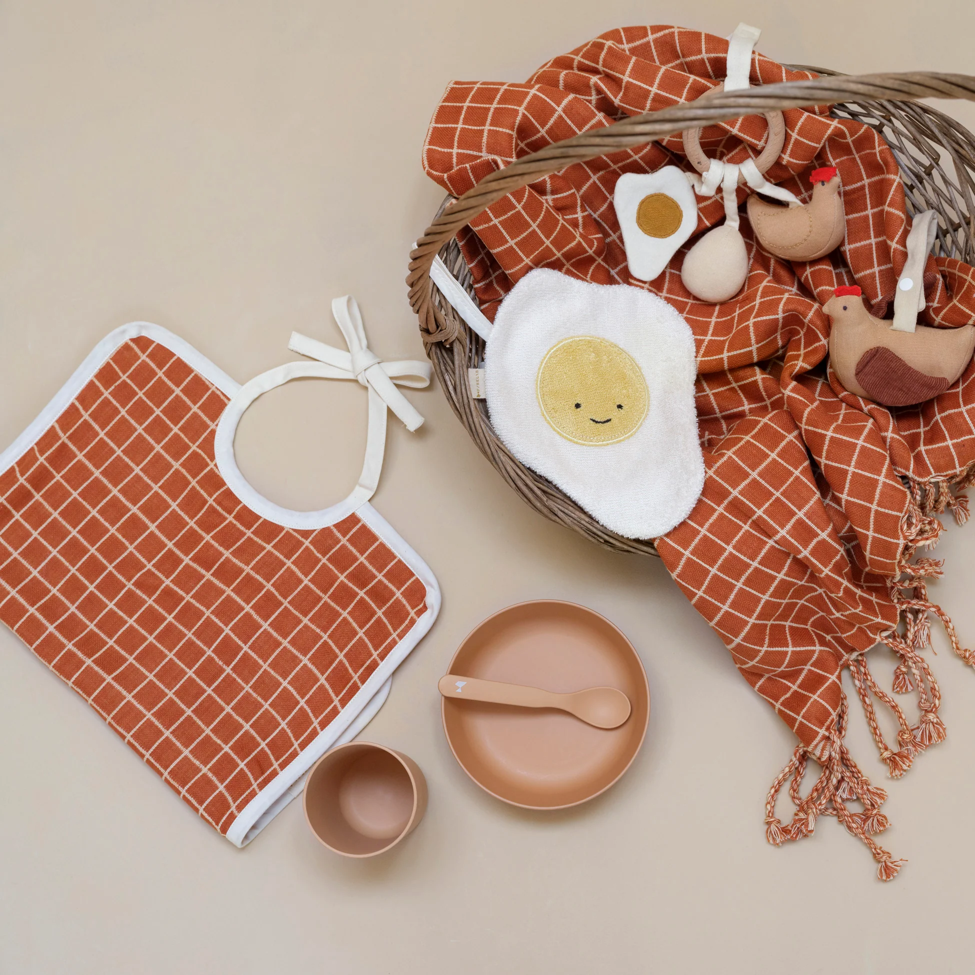 Cotton Feeding Bib - Grid/Cinnamon - Image 3