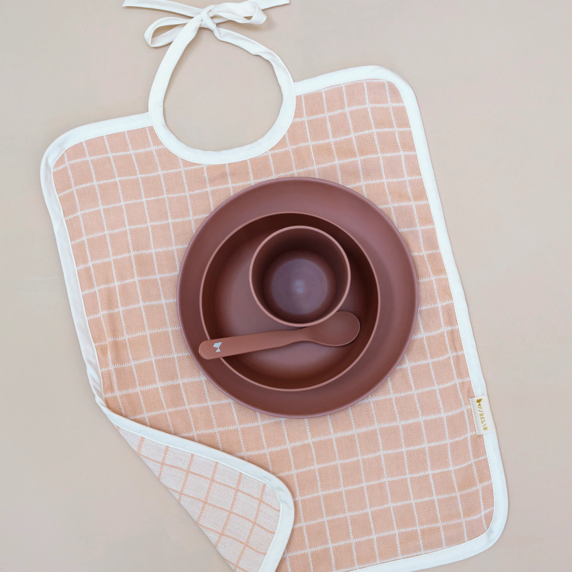 Cotton Feeding Bib - Grid/Dusty Rose - Image 2