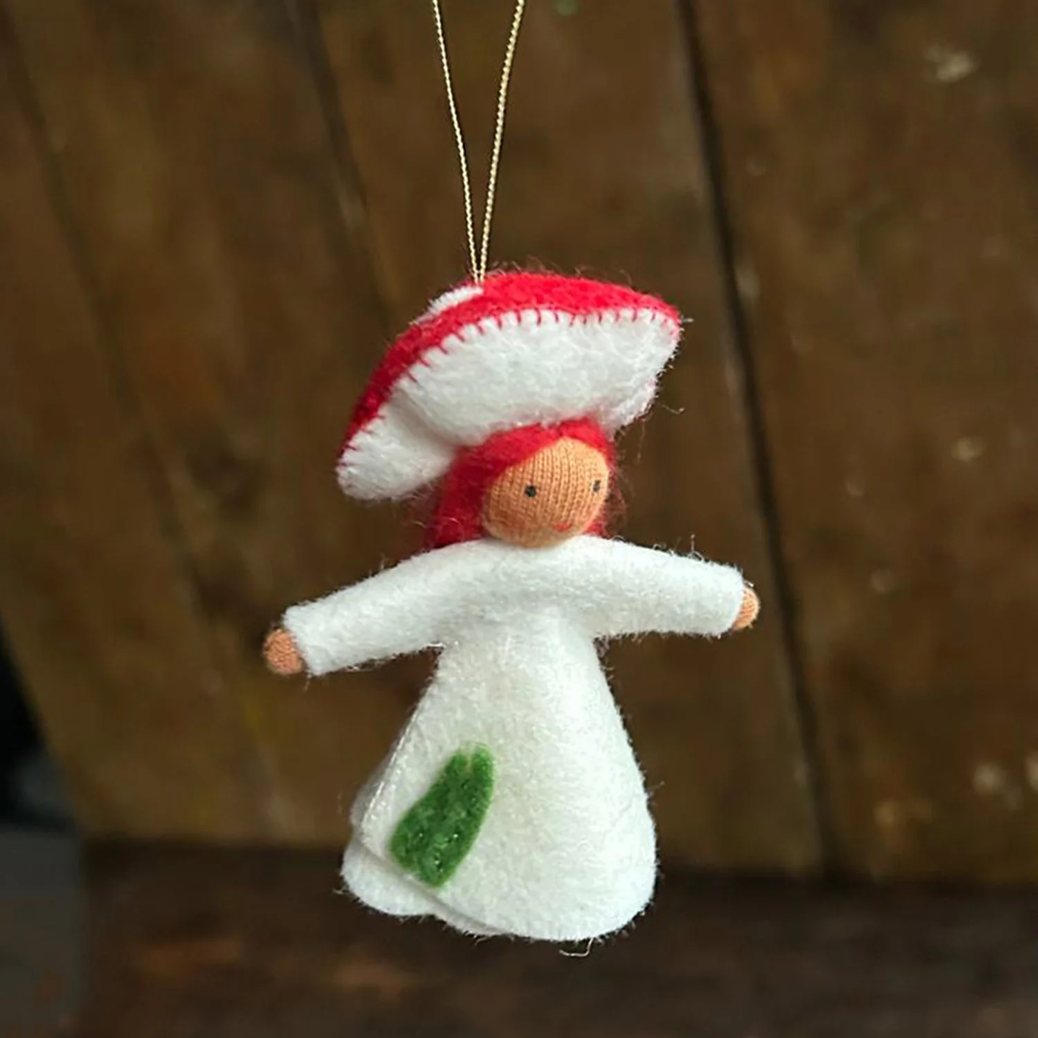Handmade Small Wool Hanging Fairy - Red Fungus - Brown - Image 2