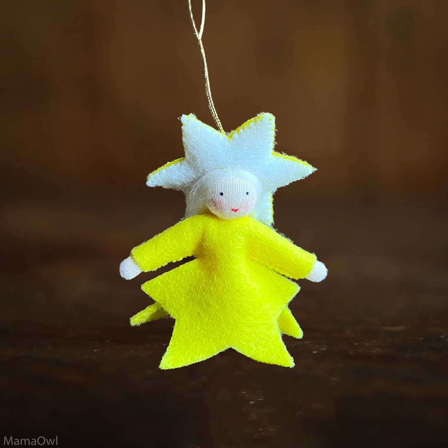 Handmade Small Wool Hanging Fairy - Yellow Star - White