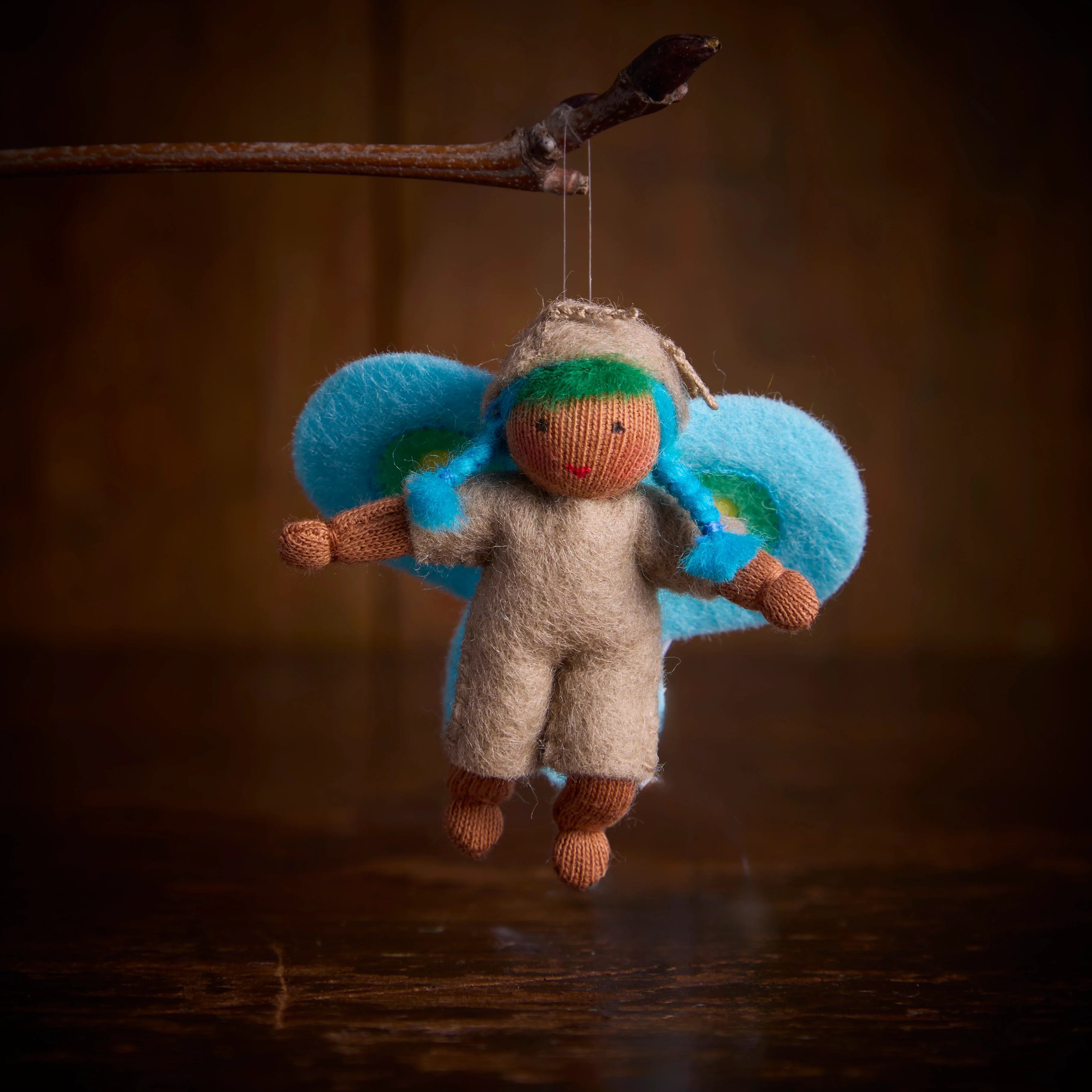 Handmade Small Wool Hanging Fairy - Blue Butterfly - Brown