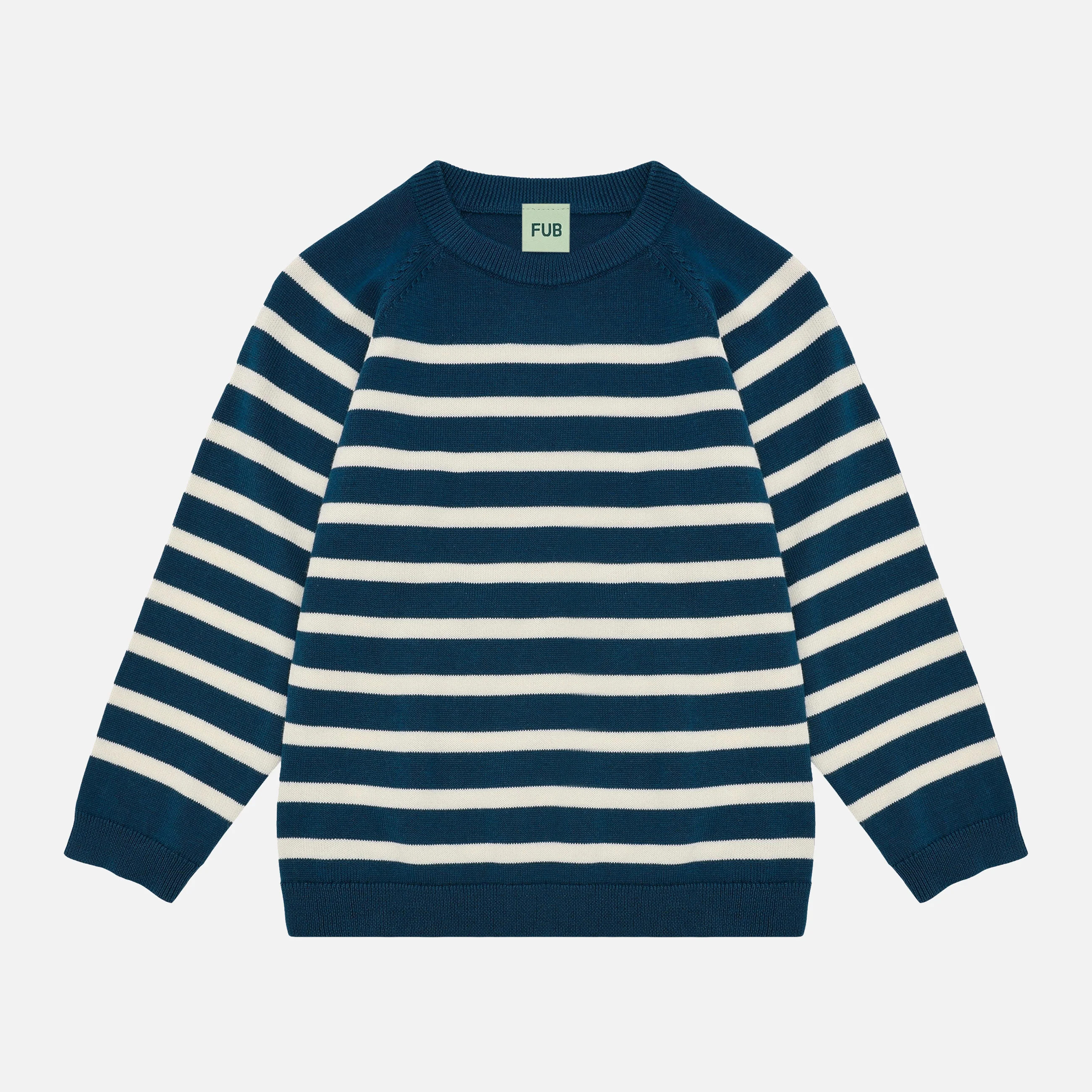 Kids Cotton Knitted LS Crew Top - Ocean/Ecru