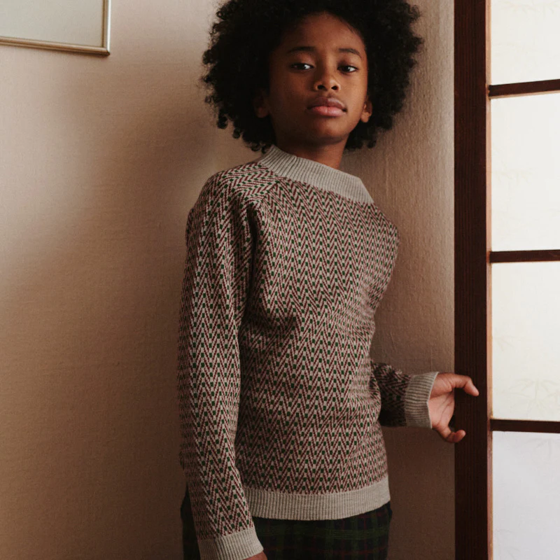 Kids Merino Wool Herringbone Sweater - Oat Melange