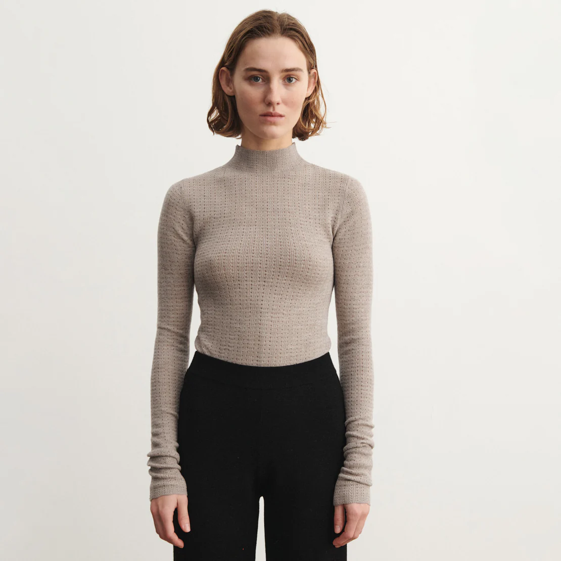 Women's Merino Wool High Neck Pointelle Top - Oat Melange