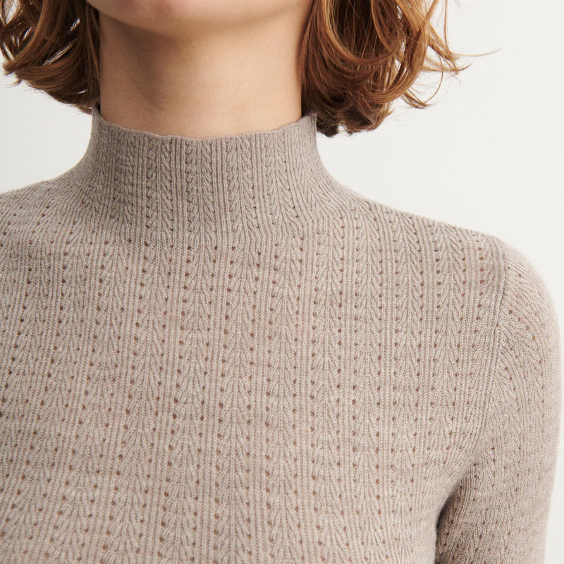 Women's Merino Wool High Neck Pointelle Top - Oat Melange - Image 2