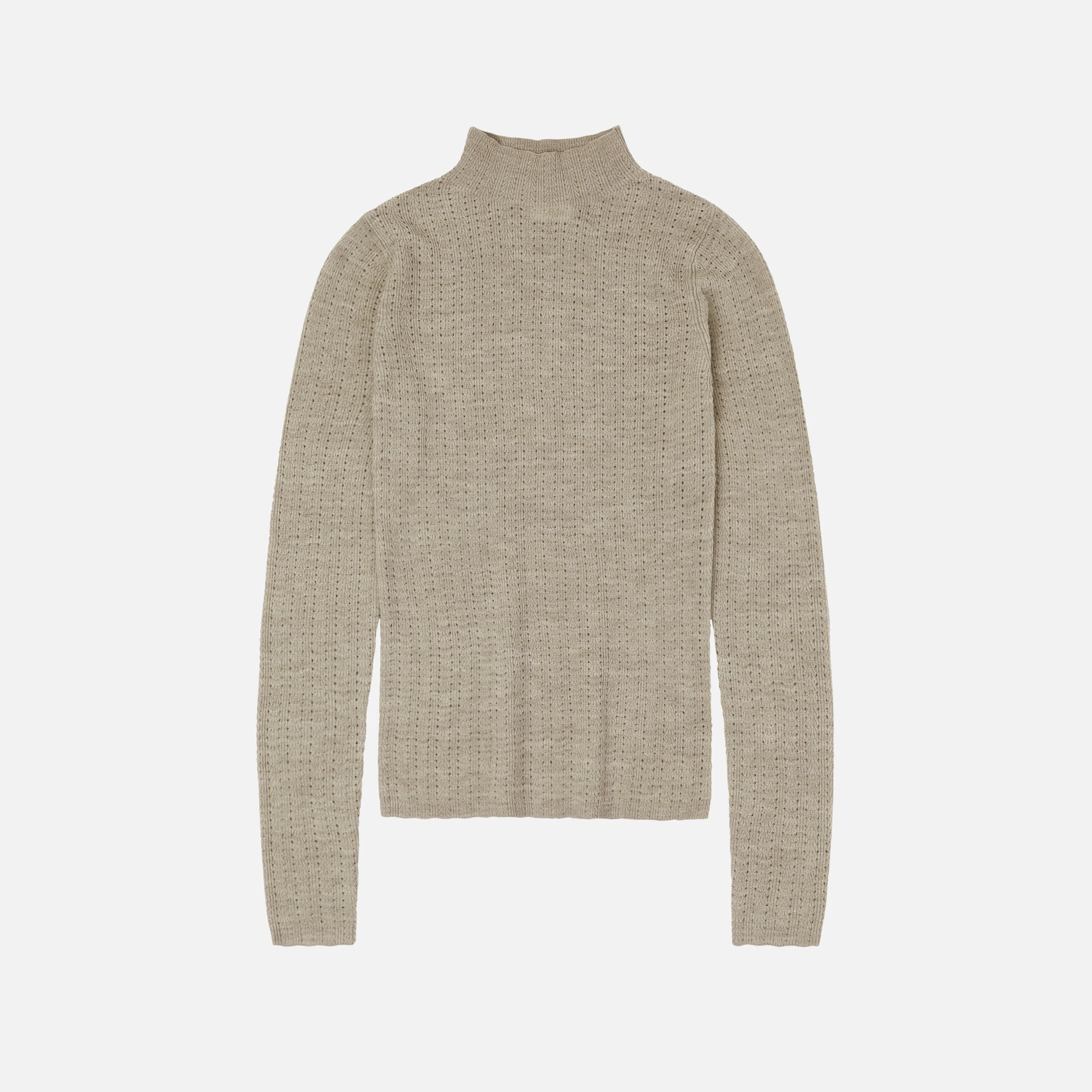 Women's Merino Wool High Neck Pointelle Top - Oat Melange - Image 3