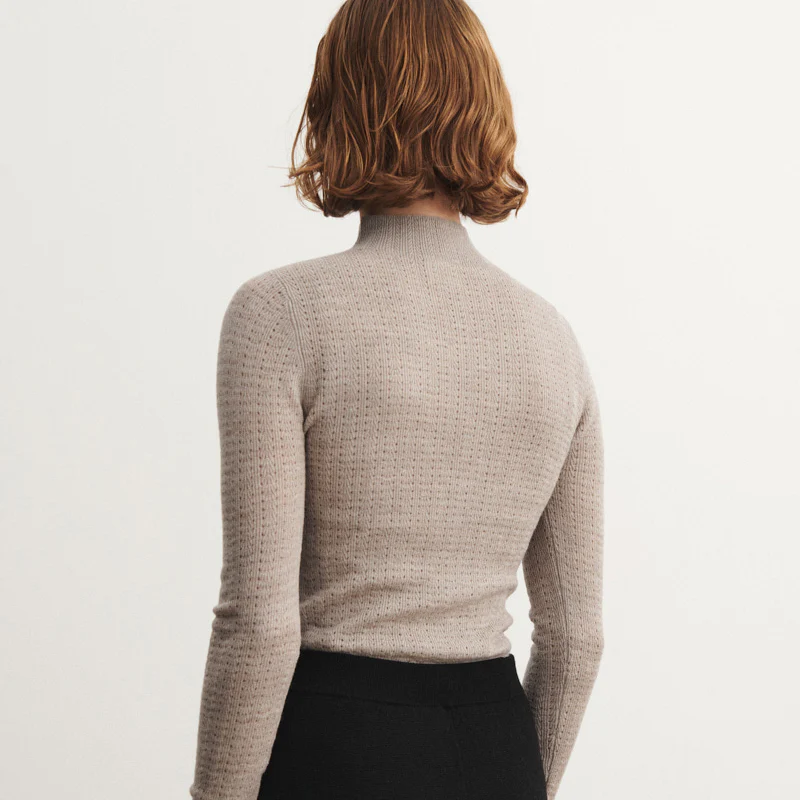 Women's Merino Wool High Neck Pointelle Top - Oat Melange - Image 4