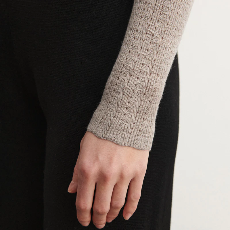 Women's Merino Wool High Neck Pointelle Top - Oat Melange - Image 5