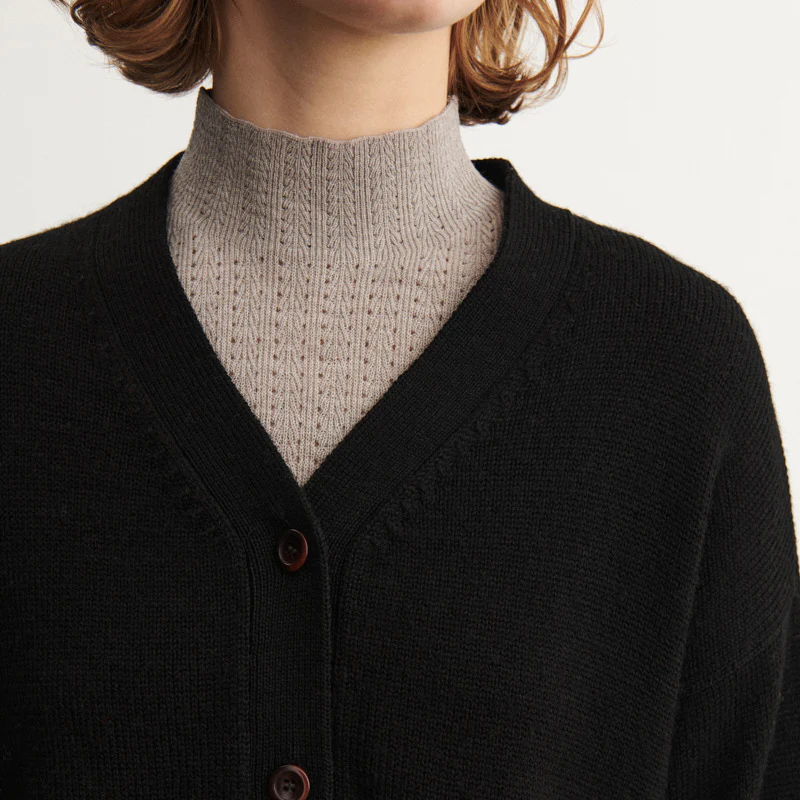 Women's Merino Wool High Neck Pointelle Top - Oat Melange - Image 6