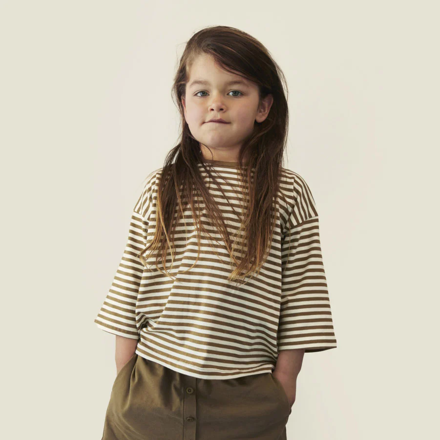 Kids Cotton Dropped Shoulder Tee - Woody/Cream - Image 3