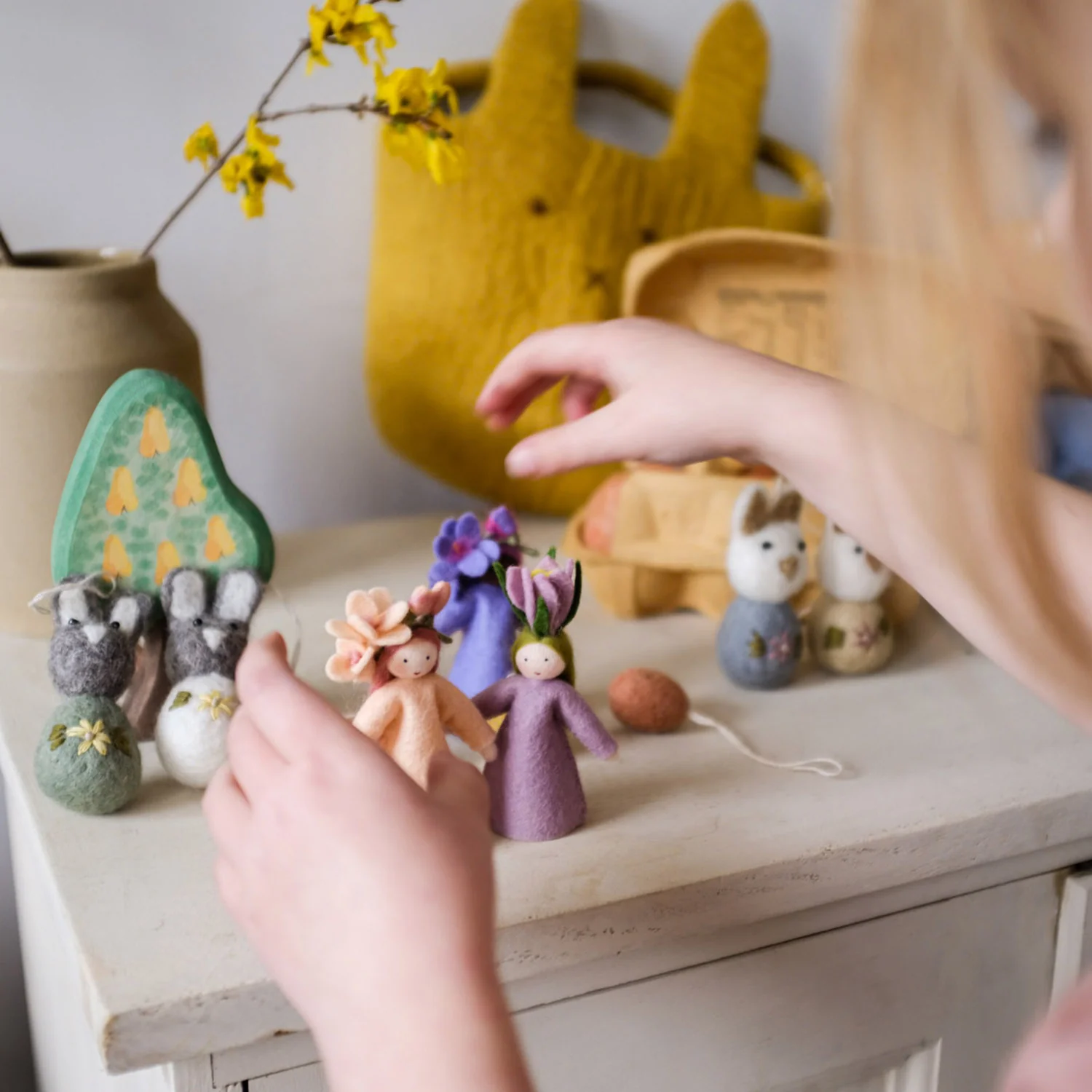 Handmade Felted Wool Bunny Basket - Ochre - Image 4