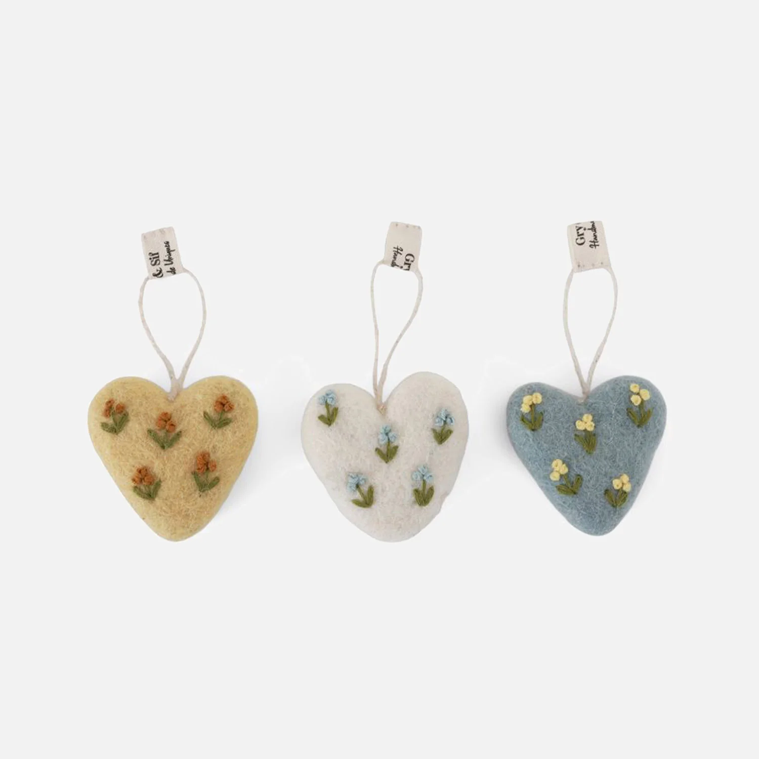 Handmade Felted Wool Small Heart Decorations - Set of 3 - Flowers - Image 2