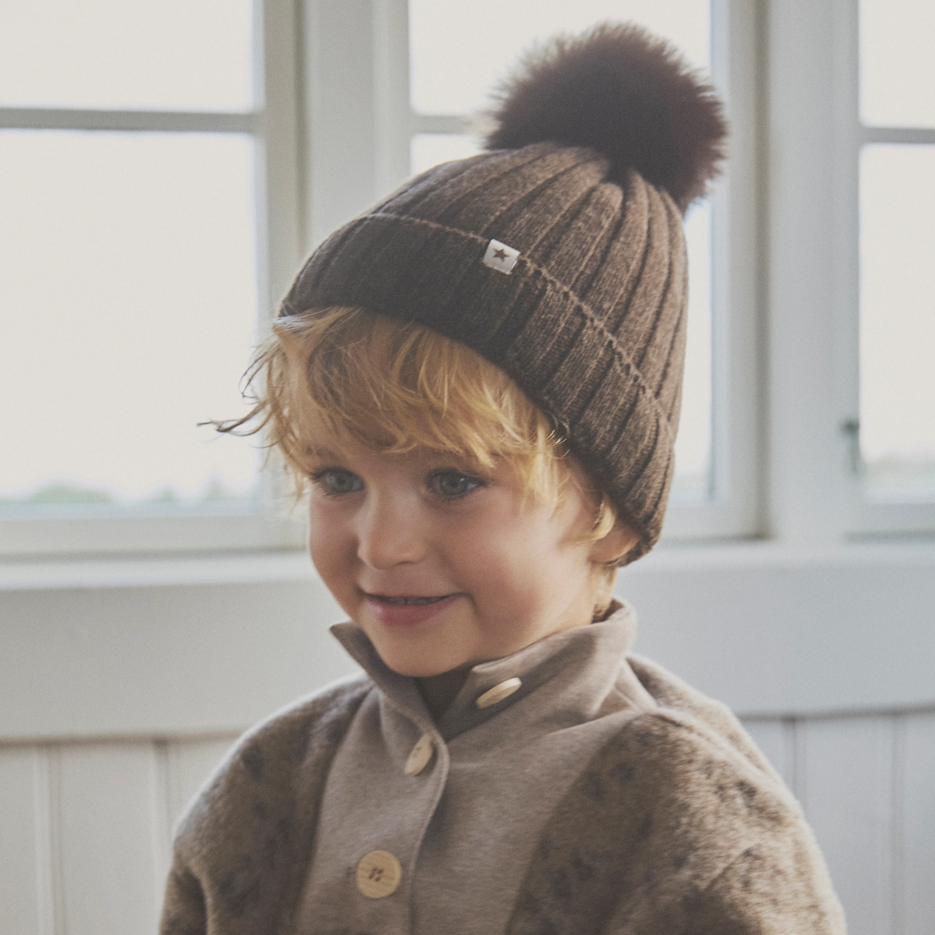 Kids Merino Wool & Alpaca Pom Pom Hat - Dark Brown Melange