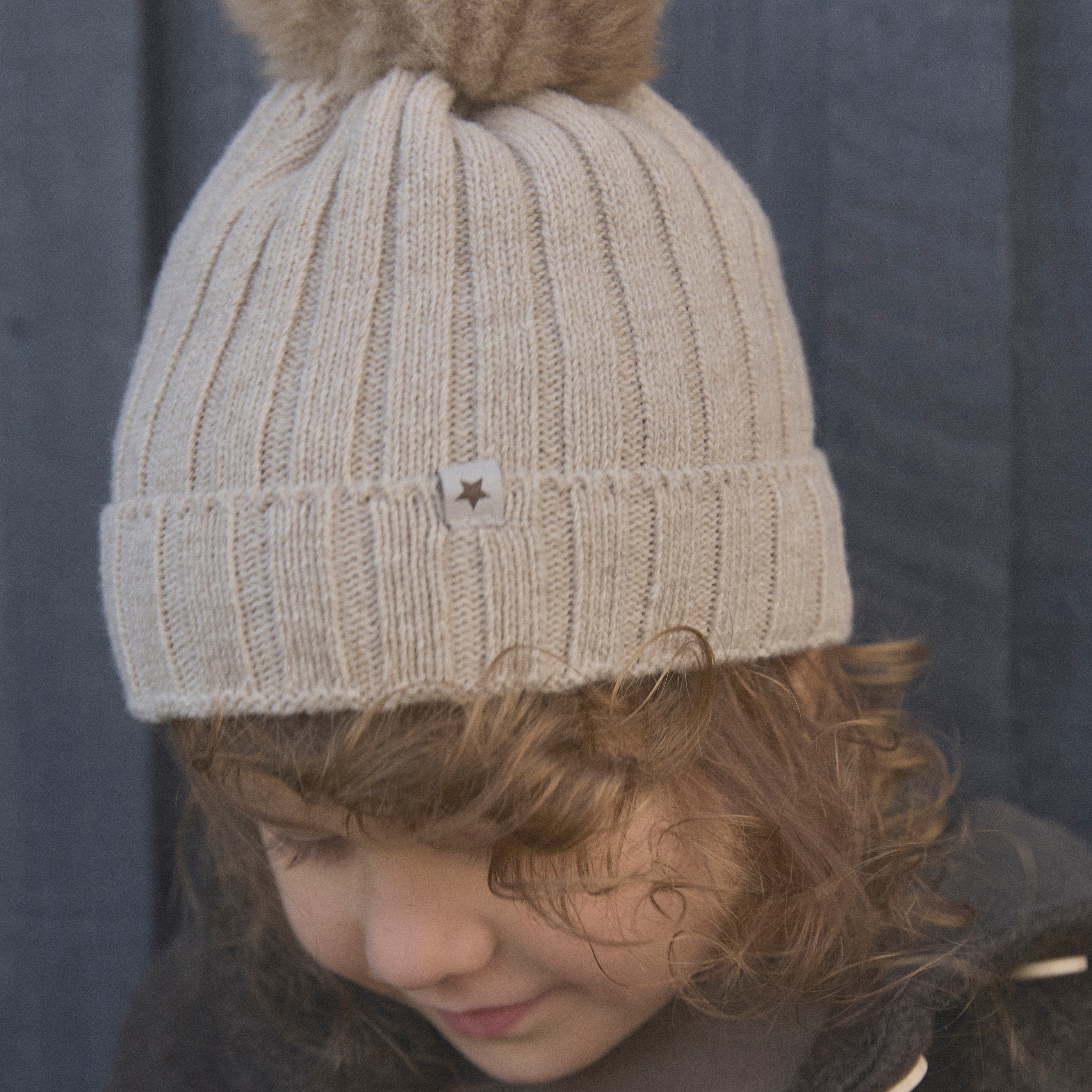 Kids Merino Wool & Alpaca Pom Pom Hat - Sand melange - Image 5