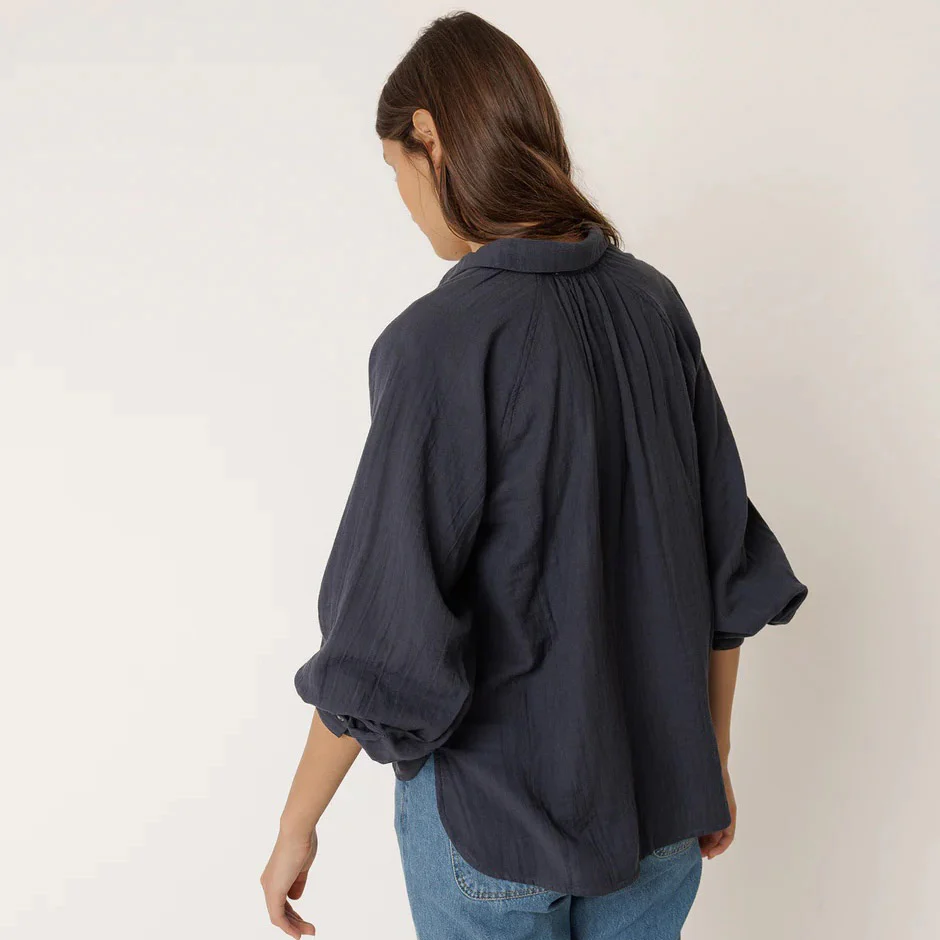 Women's Cotton Gathered Blouse - Marino - Image 3