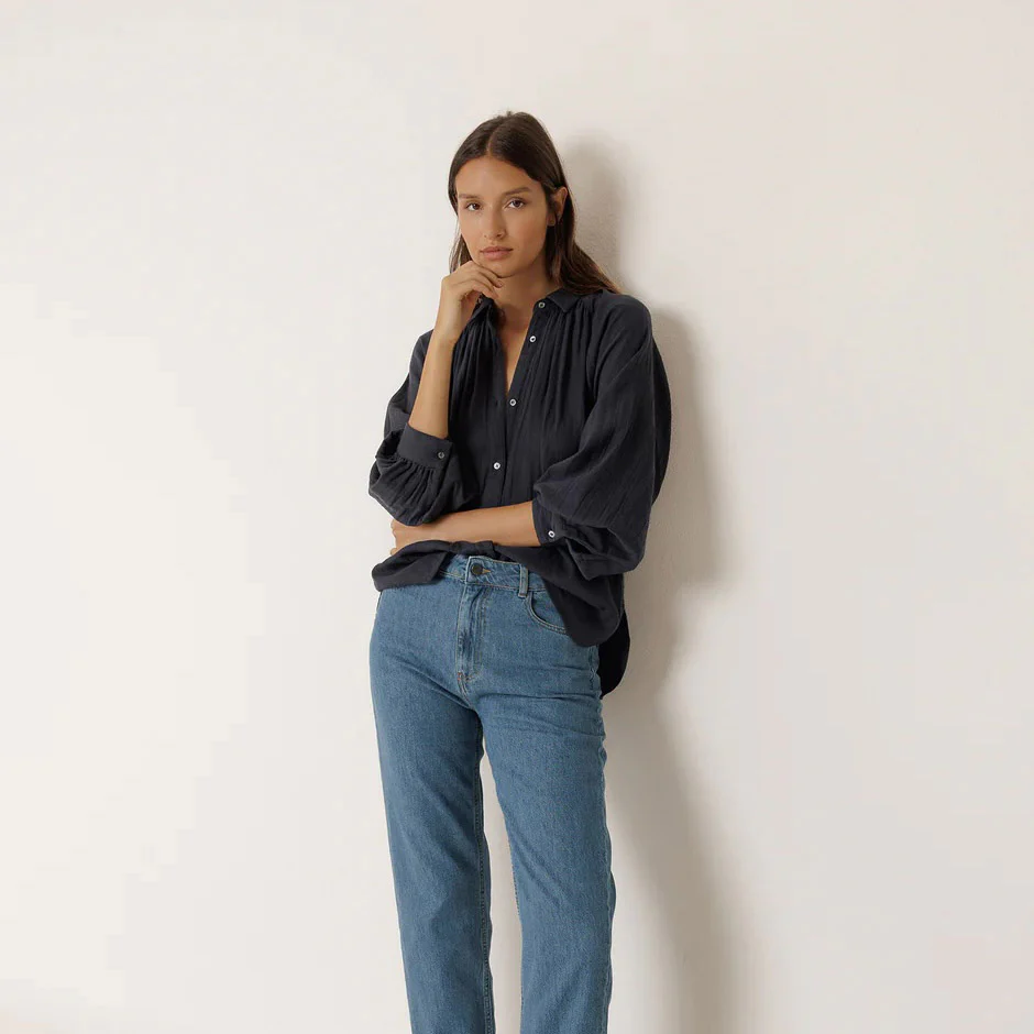 Women's Cotton Gathered Blouse - Marino - Image 4